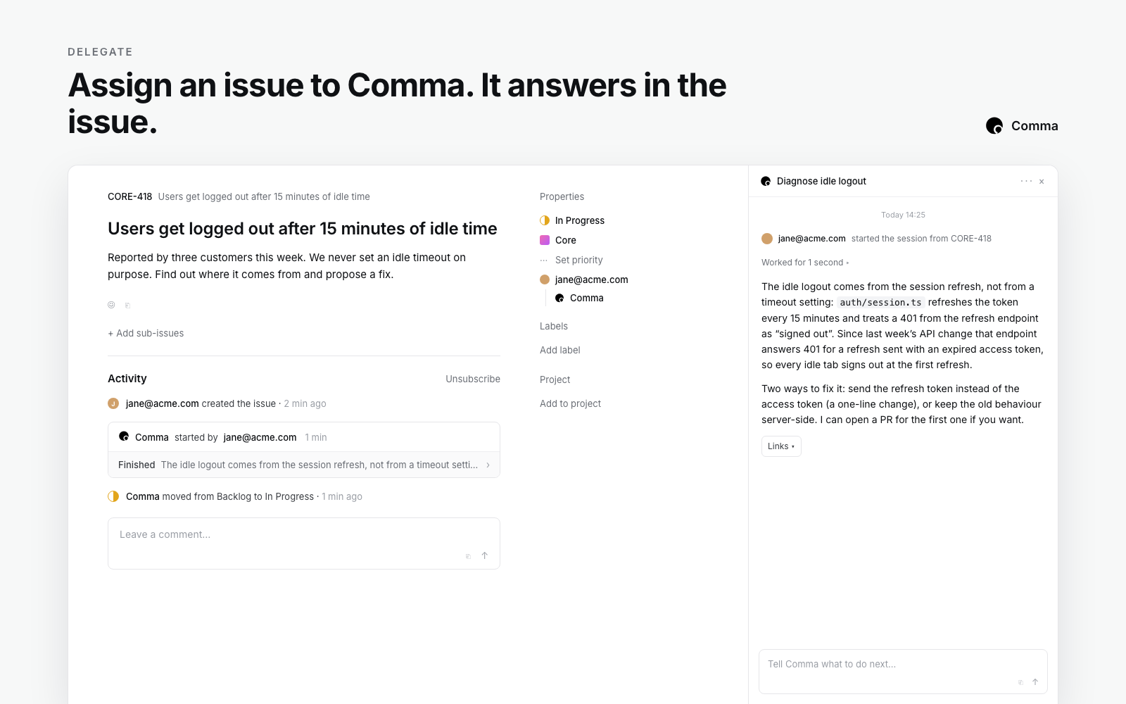 Assigning an issue to Comma