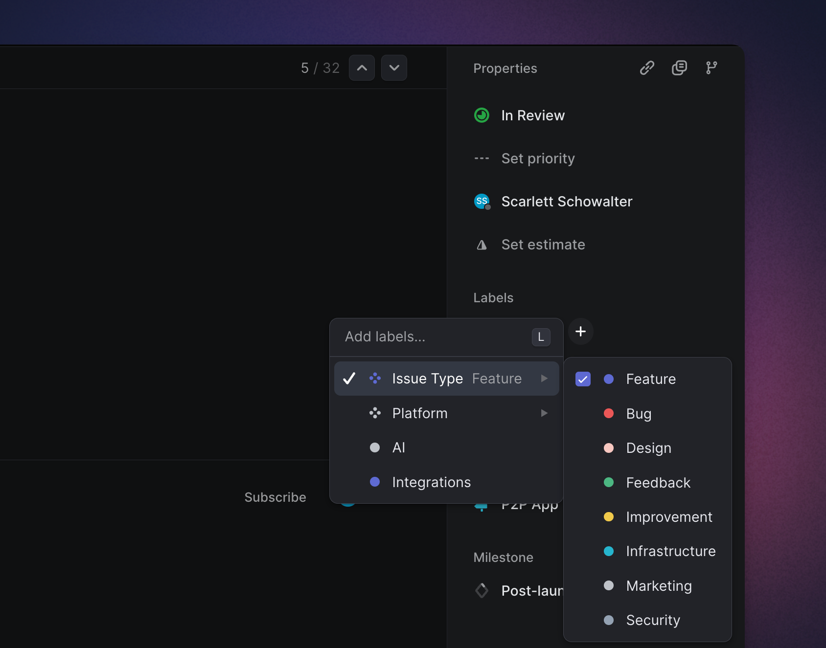 Linear app showing labels being added to an issue