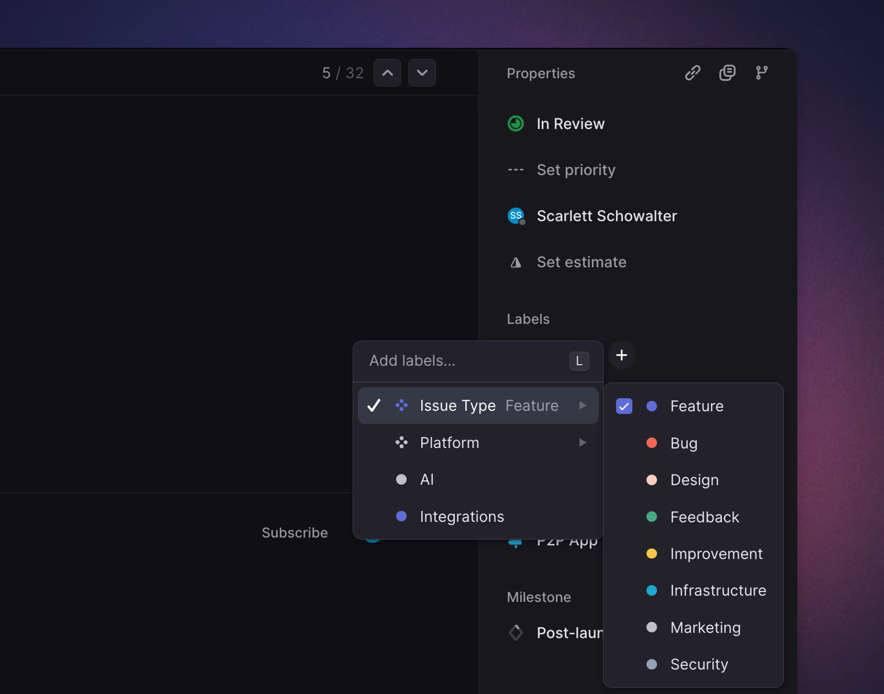 Linear app showing labels being added to an issue