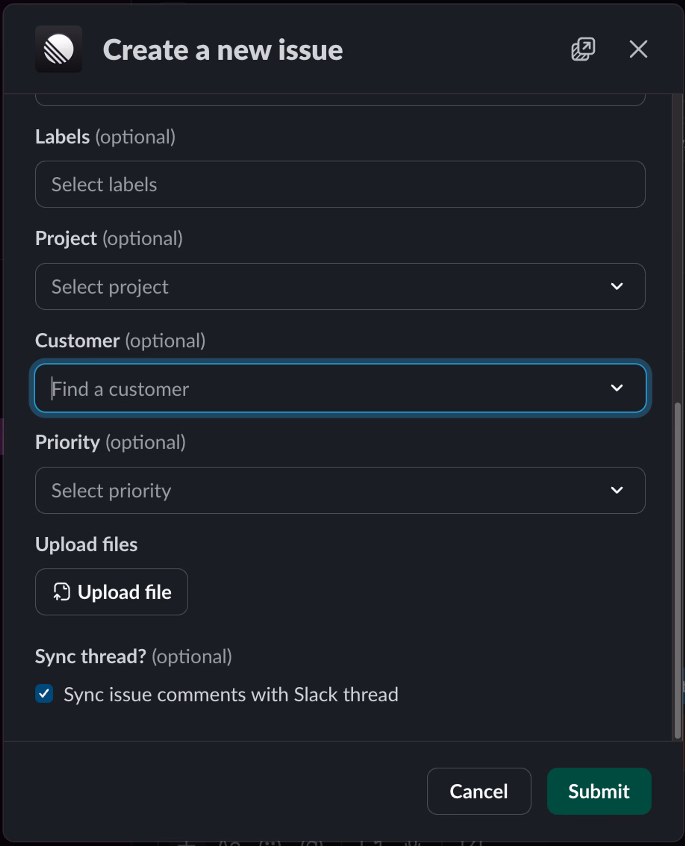 Customer field highlighted when creating an issue from the Slack integration