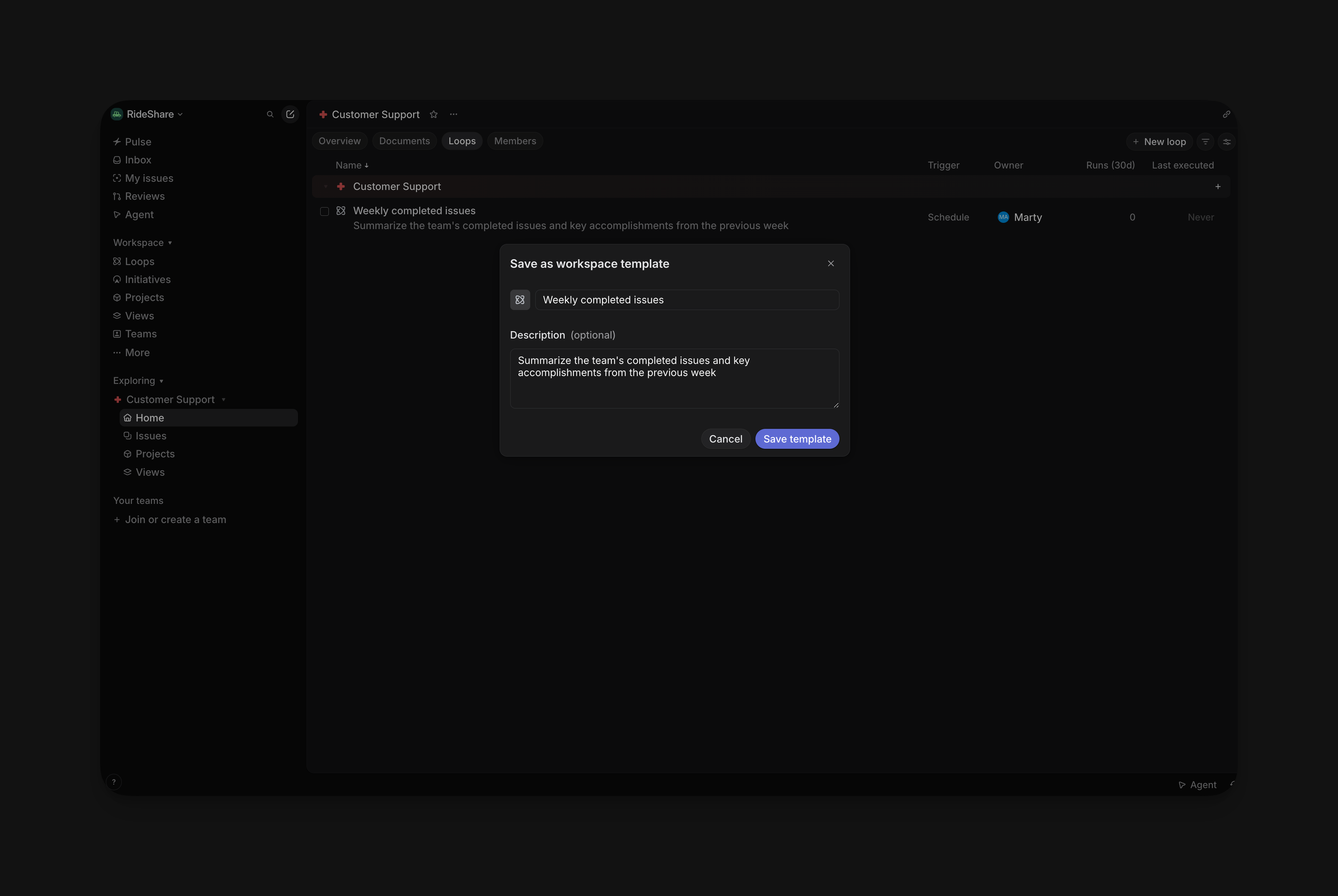 Save as workspace template dialog with the name Weekly completed issues, an optional description, and Cancel and Save template buttons