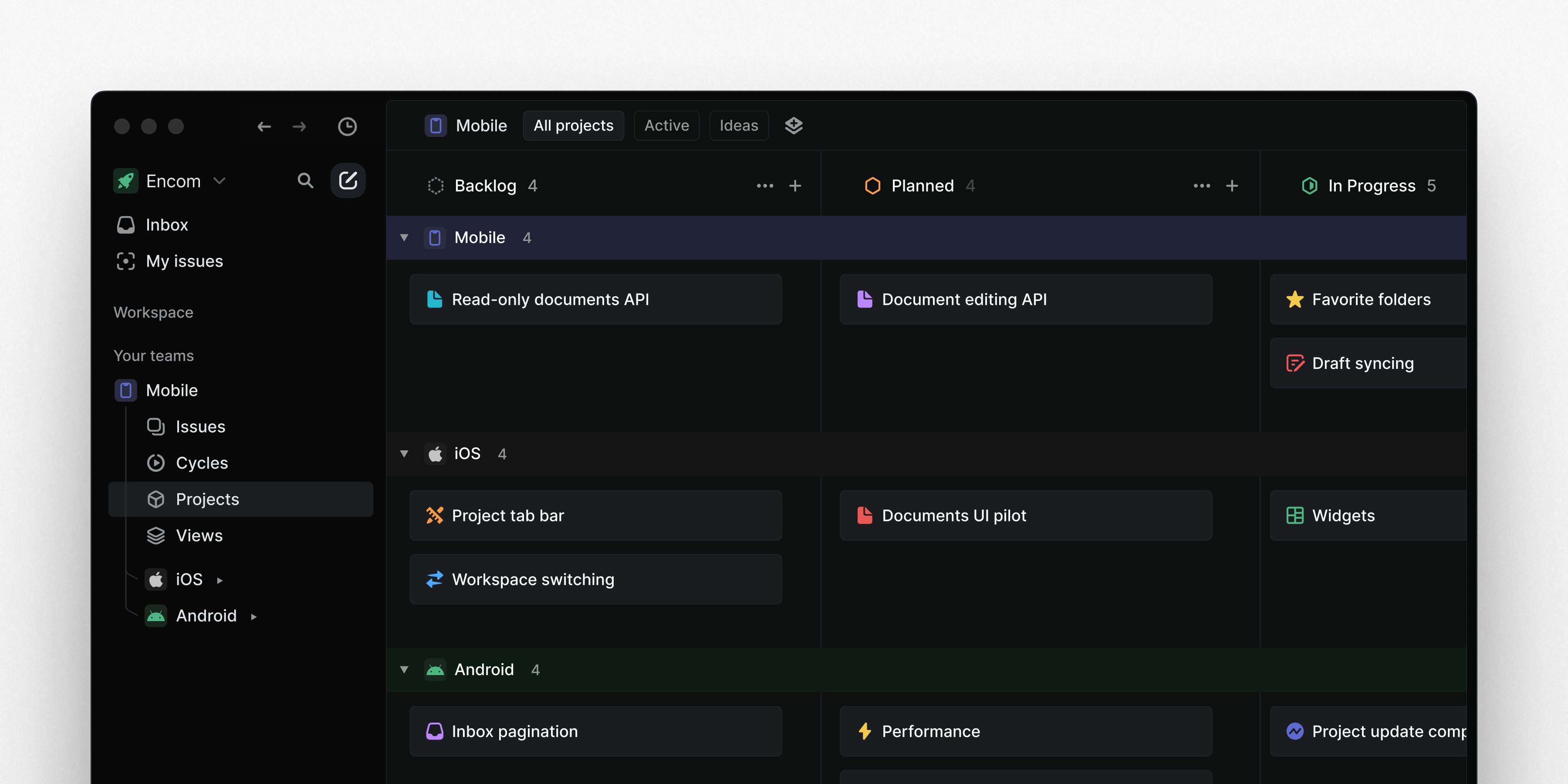 A project view showing projects from every sub-team of the Mobile parent team, organized by status