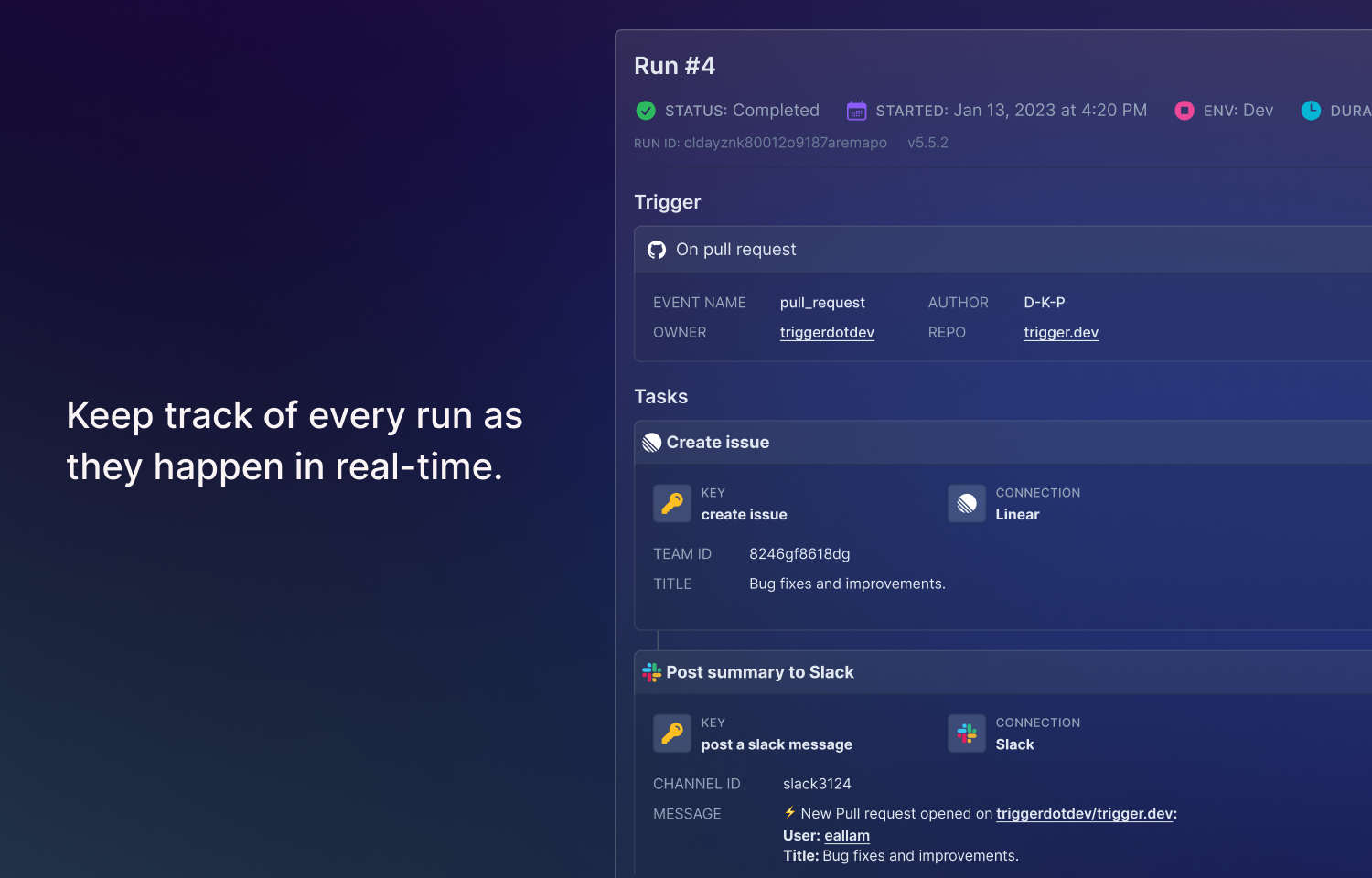 Trigger.dev interface showing runs in real-time including Github, Linear and Slack.