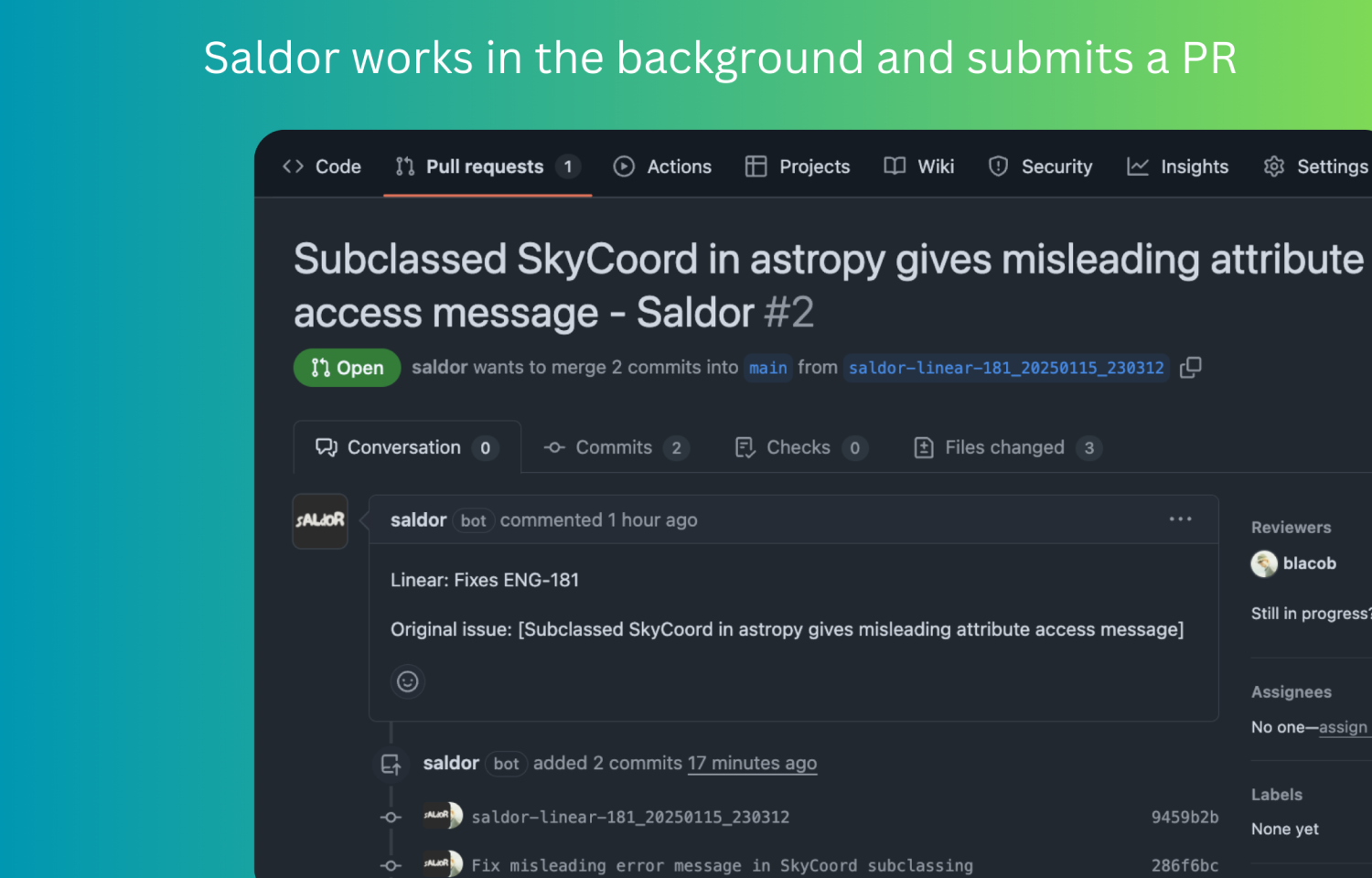 Saldor AI creating a pull request