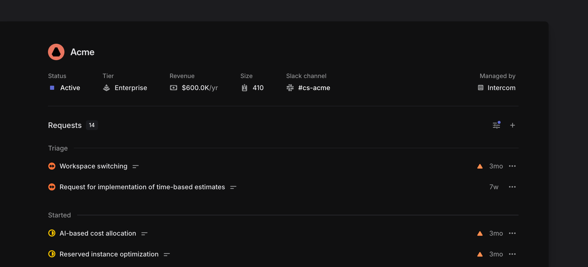 Example of a customer "Acme" with some customer requests