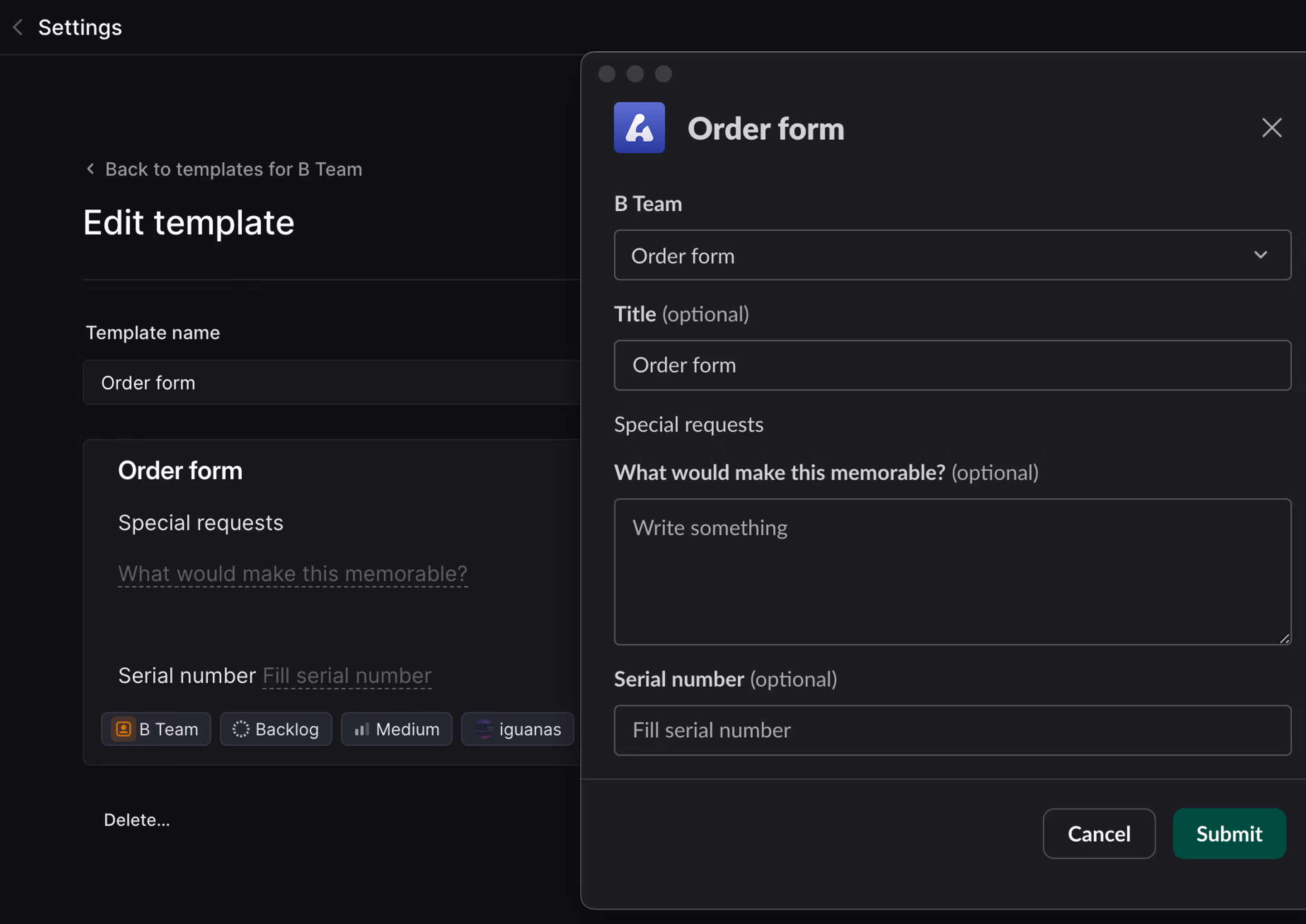View of template with placeholder text and how it is rendered in Slack