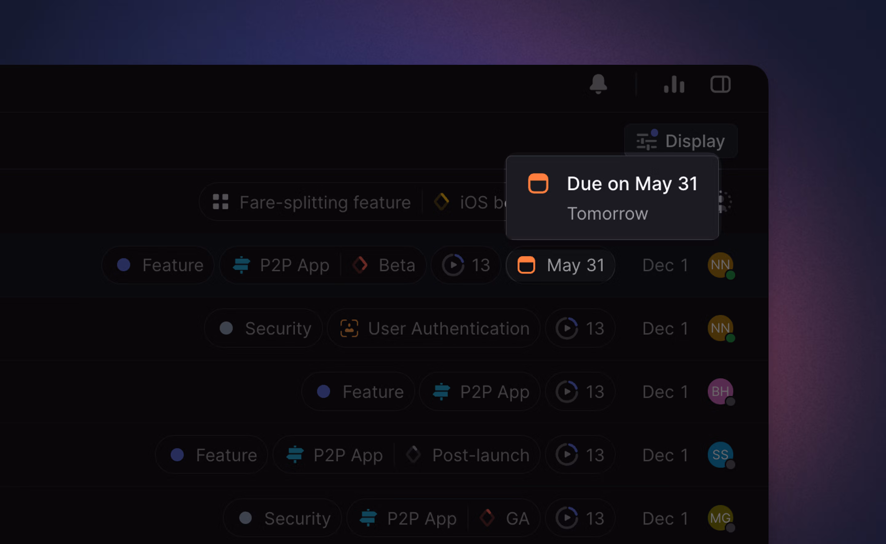 Due date tooltip in Linear