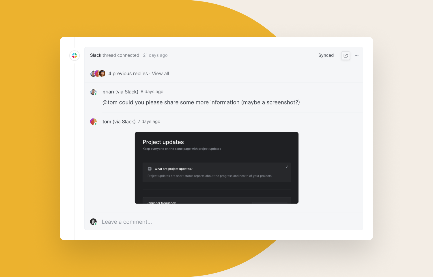 A Linear comment thread showing synced messages from Slack