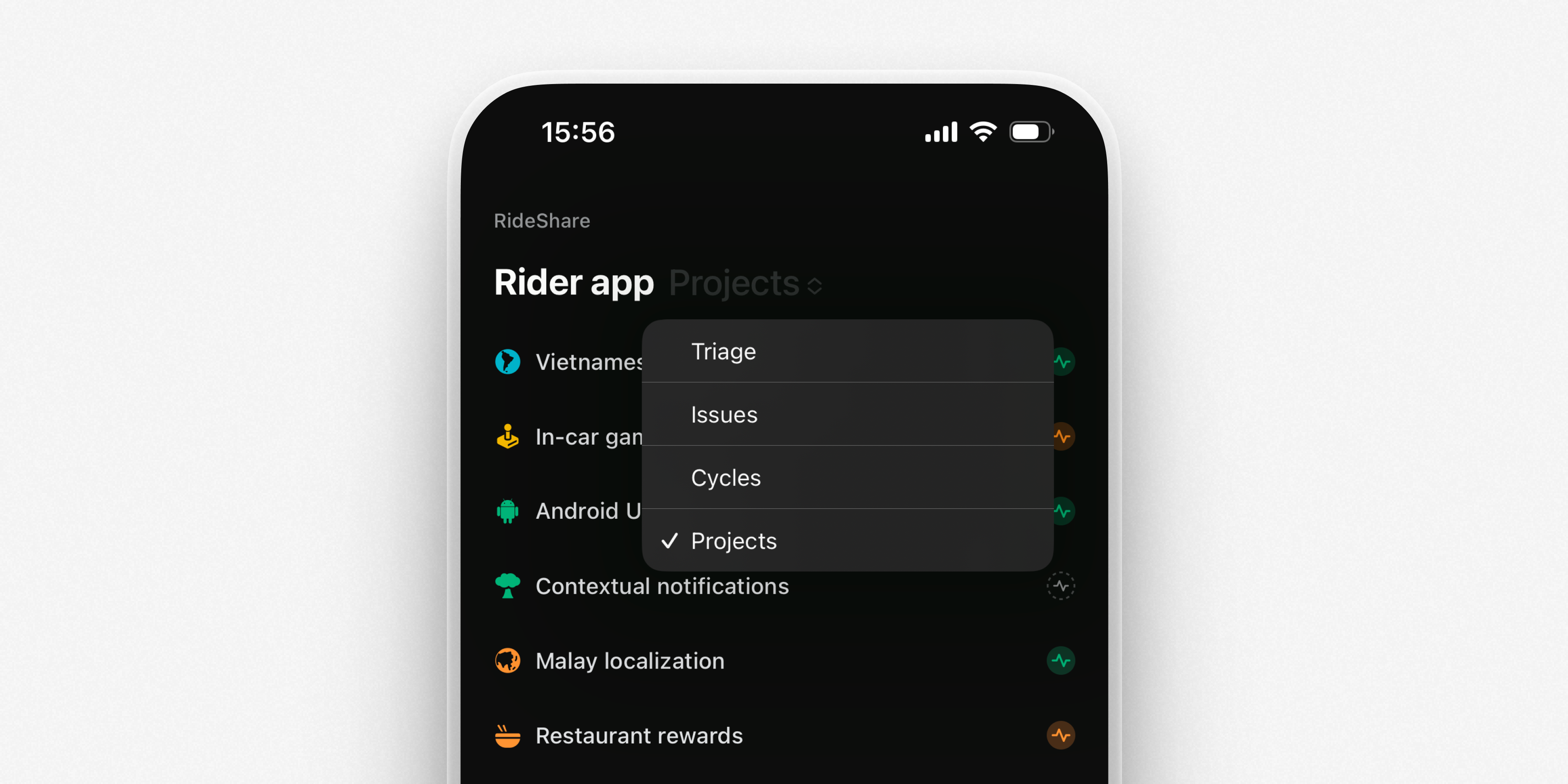 Mobile app showing a menu that lets you switch between the Triage, issues, cycles, and projects views of a specific team