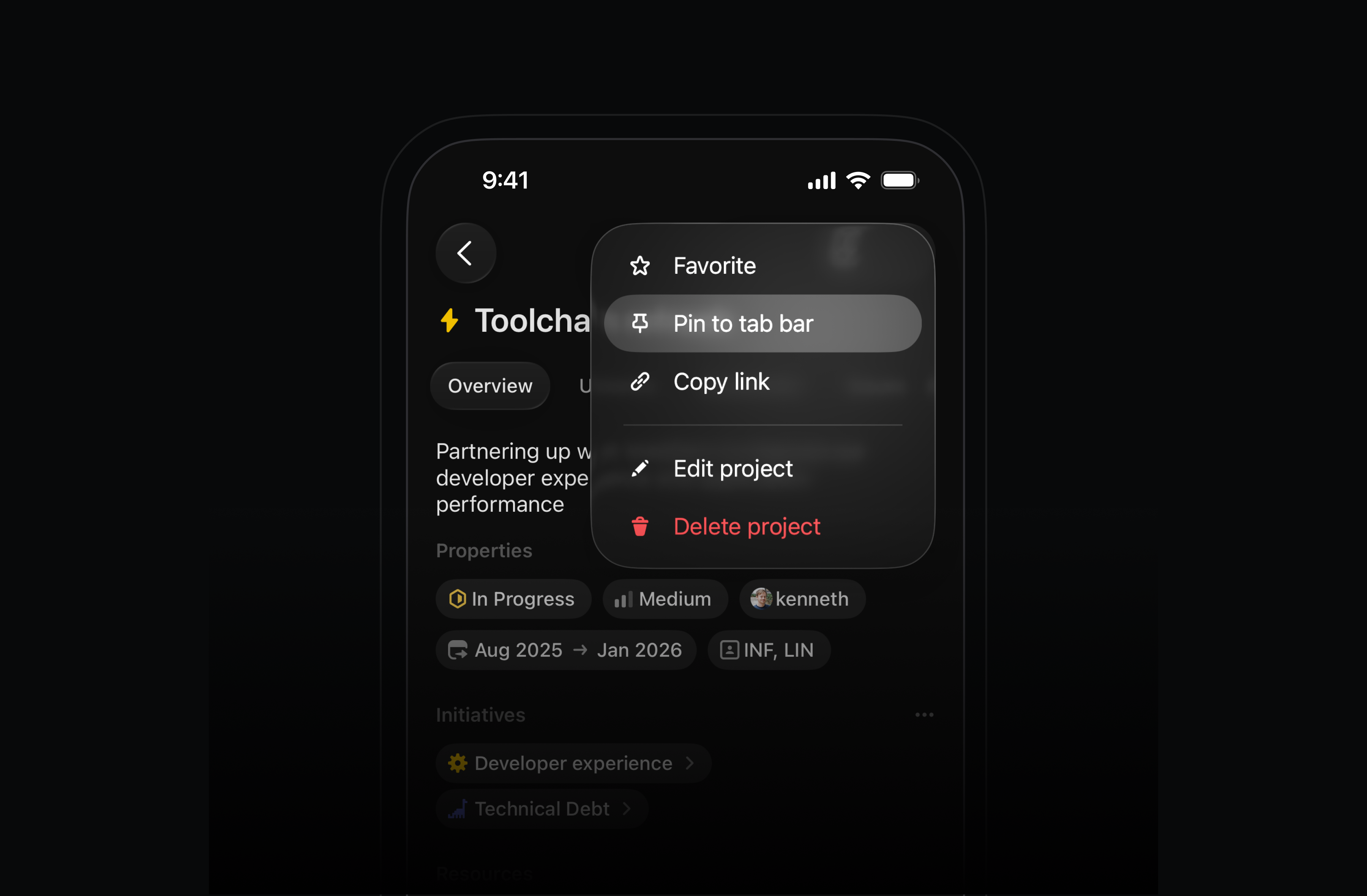 Linear mobile project screen with an options menu open, showing actions like Favorite, Pin to tab bar, Copy link, Edit project, and Delete project.