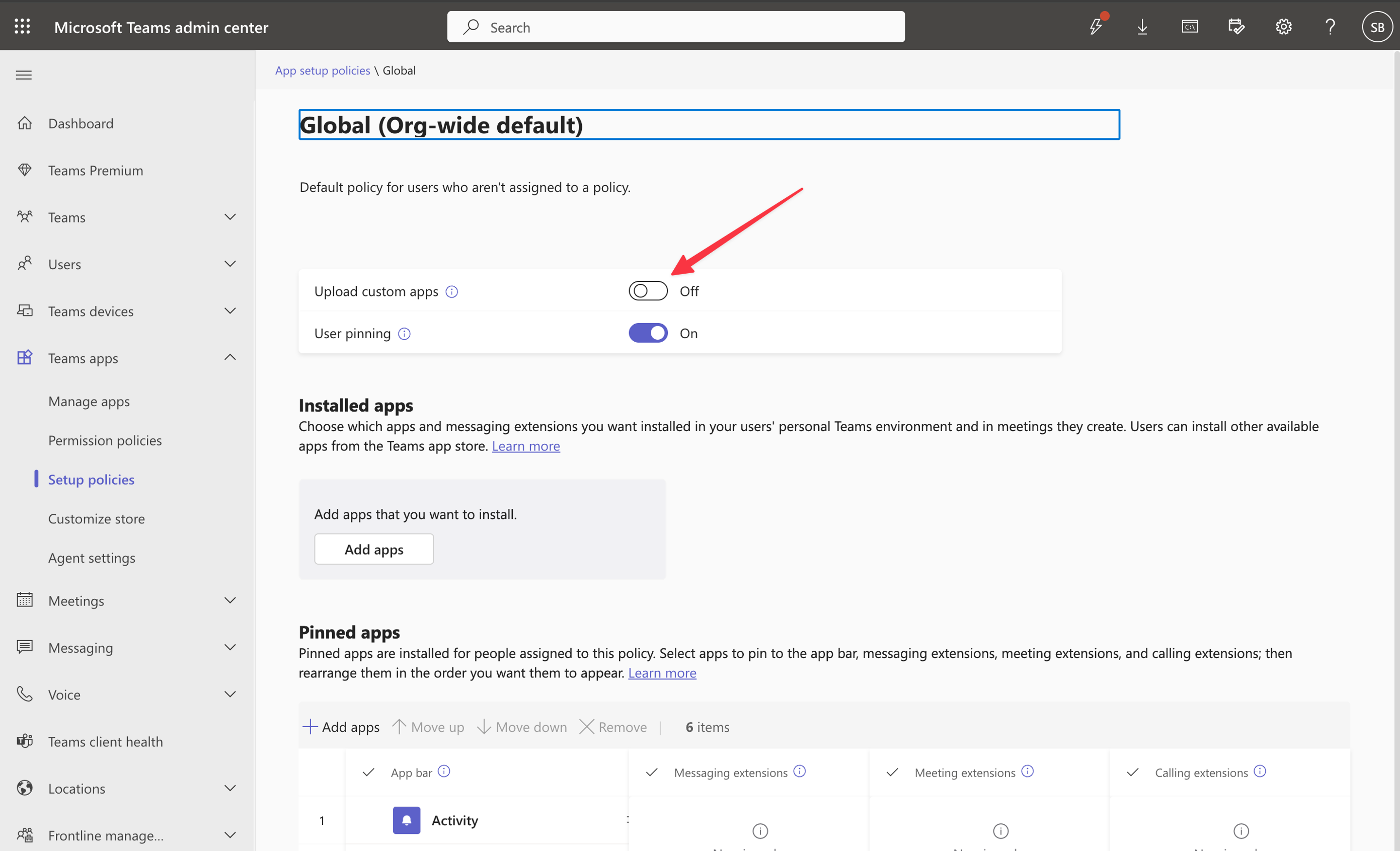 MS Teams settings page for policies for custom apps