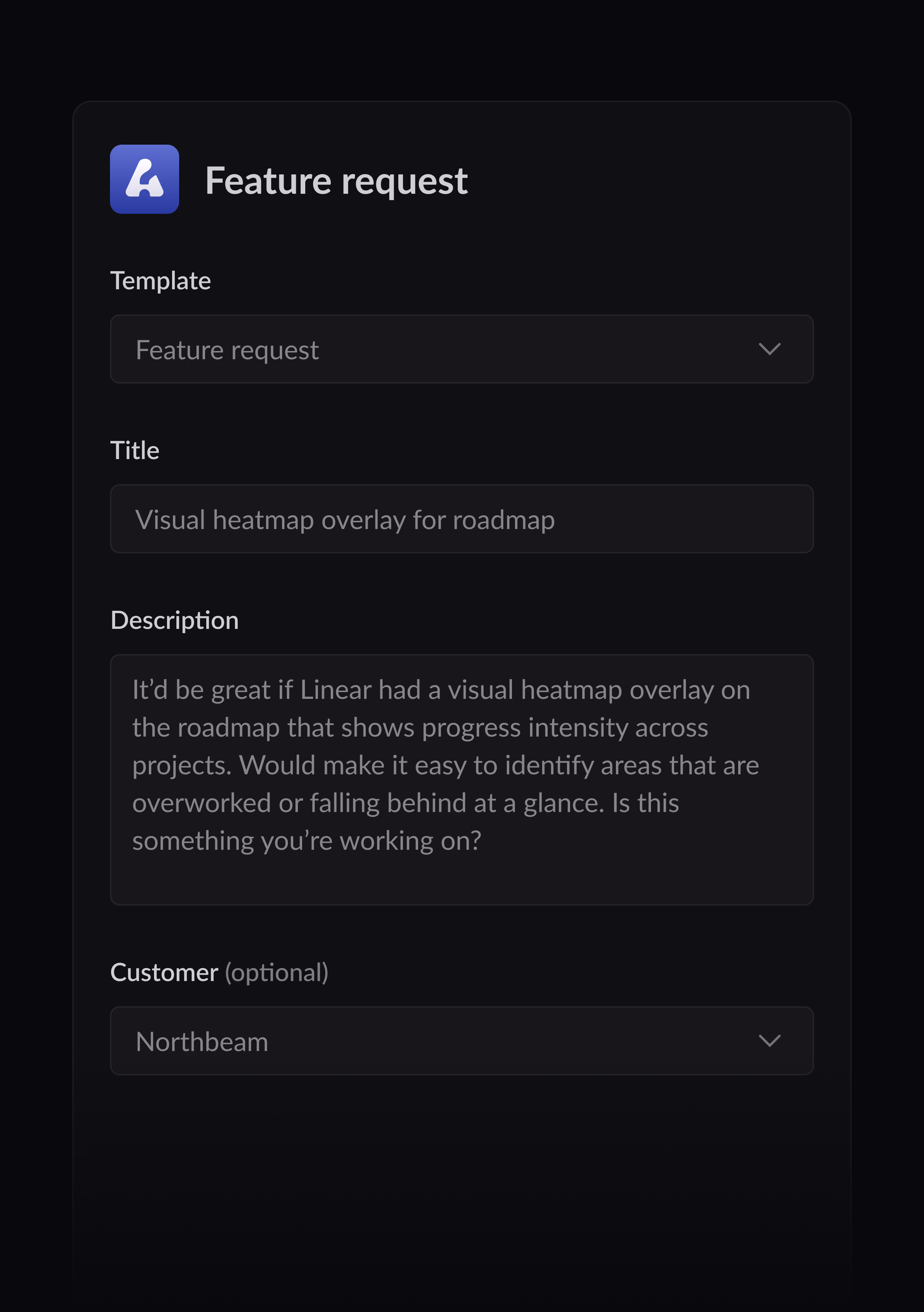 A screenshot of a Feature Request template in Linear Asks