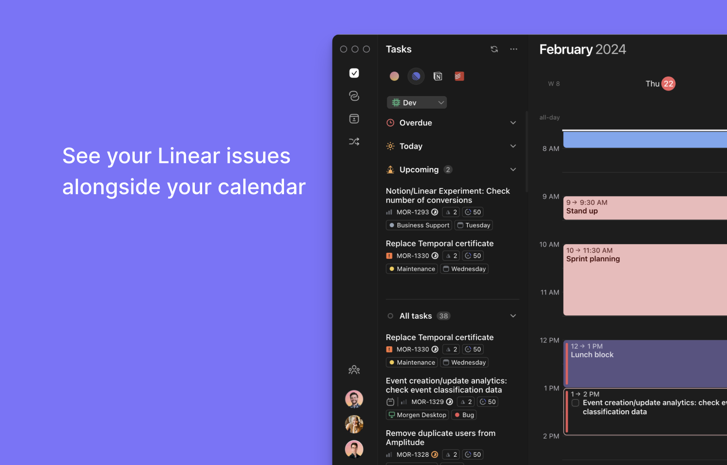 Morgen calendar with Linear issues visible