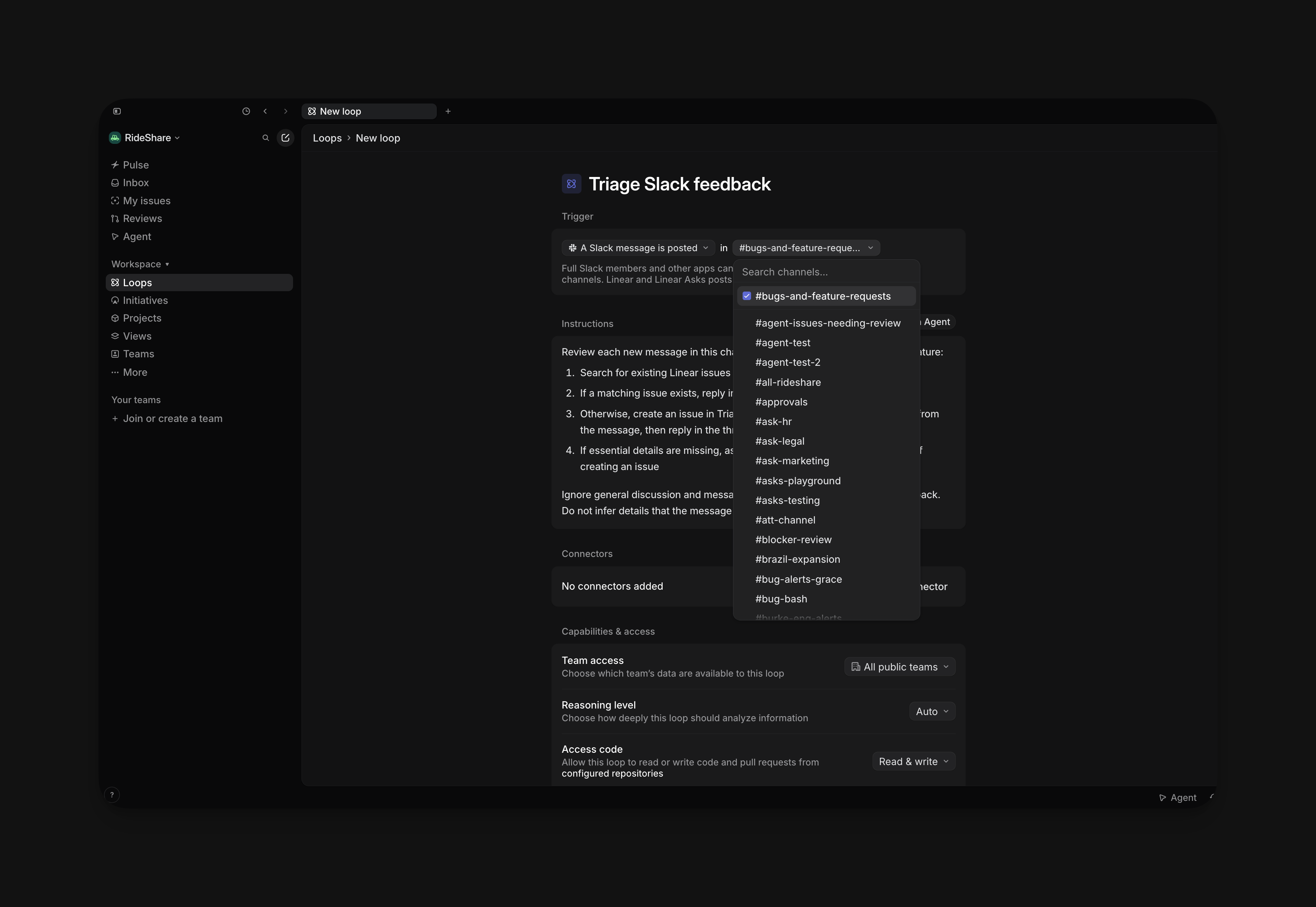 Loop editor with a Slack Message posted trigger configured for a public channel