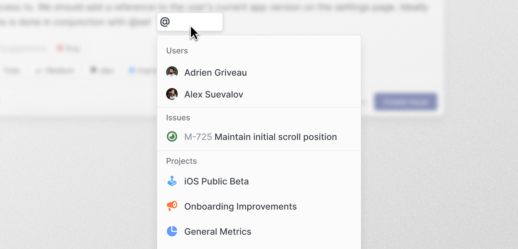 Type @ to mention a teammate or tag an issue, project, or document in Linear