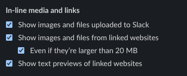 Slack Messages and Media Settings toggled on