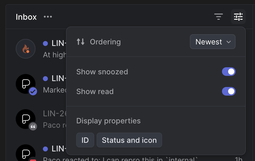 Inbox display options