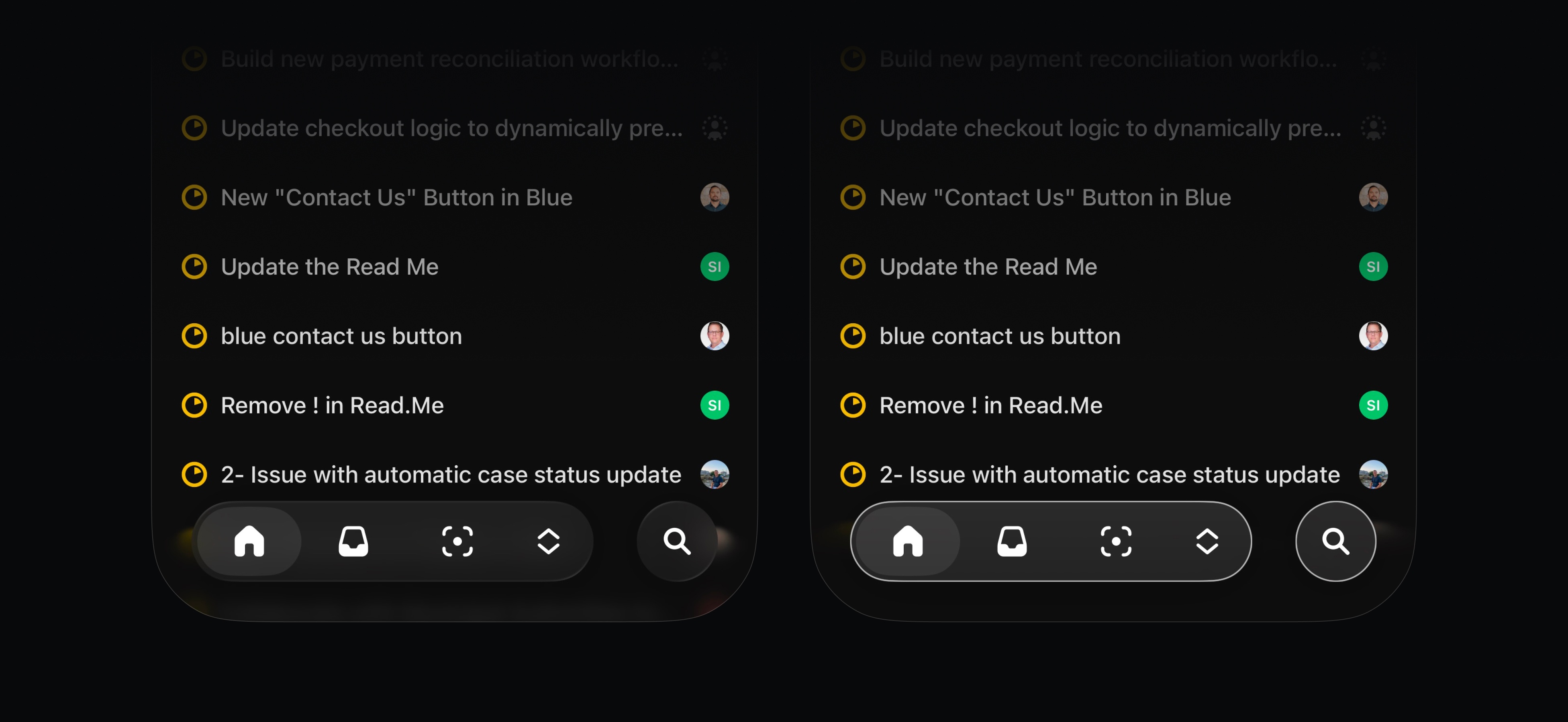Screenshots of the regular Linear mobile app versus the Linear mobile app in Increase Contrast mode