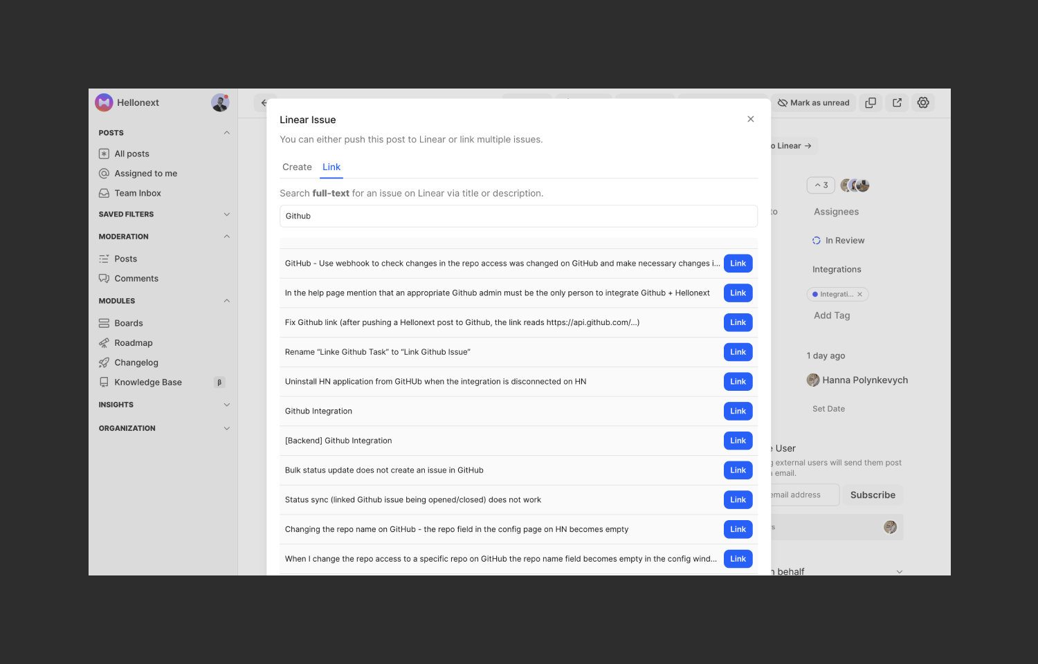 Link Existing Linear issues on Hellonext