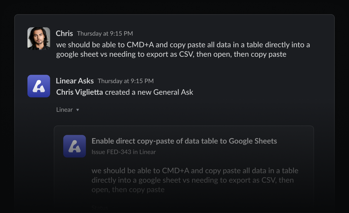 Linear Asks being used to create a bug in Linear