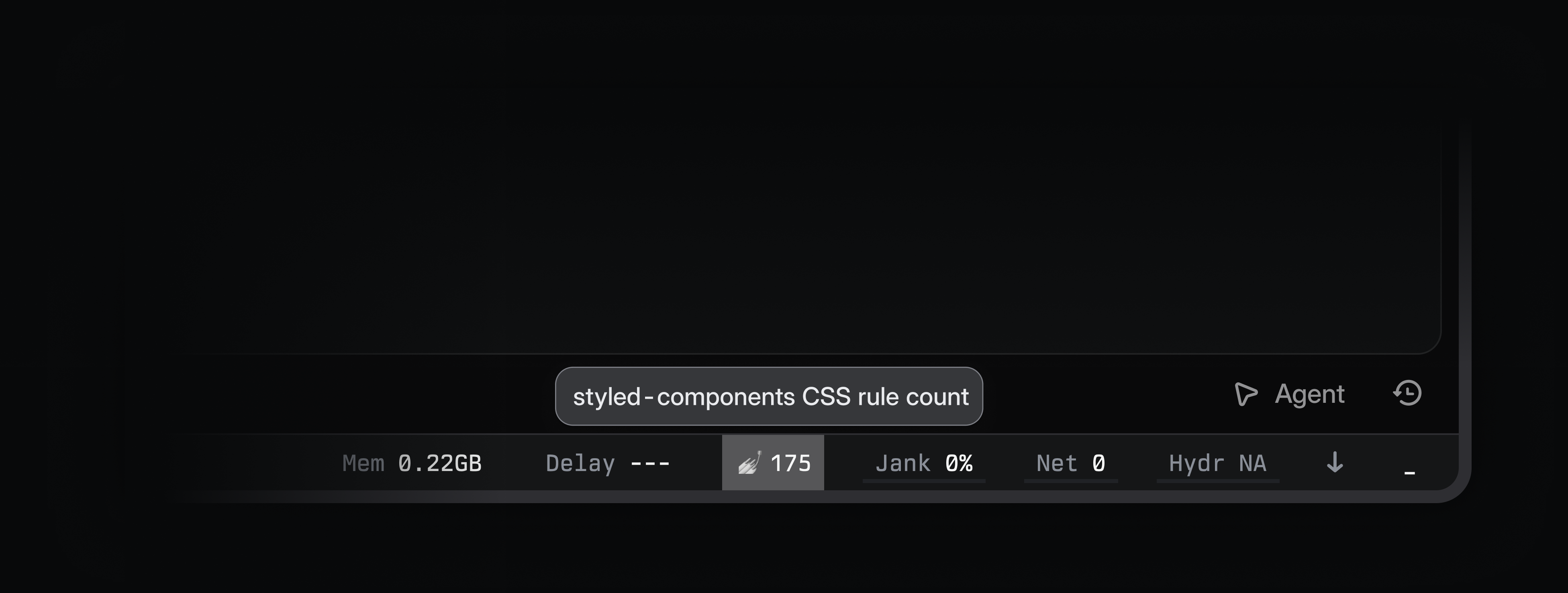 Dark-themed interface showing a performance toolbar. A tooltip reading “styled-components CSS rule count” points to a highlighted metric showing a broom icon and the value 175, alongside Delay, Jank, Net, and Hydr metrics