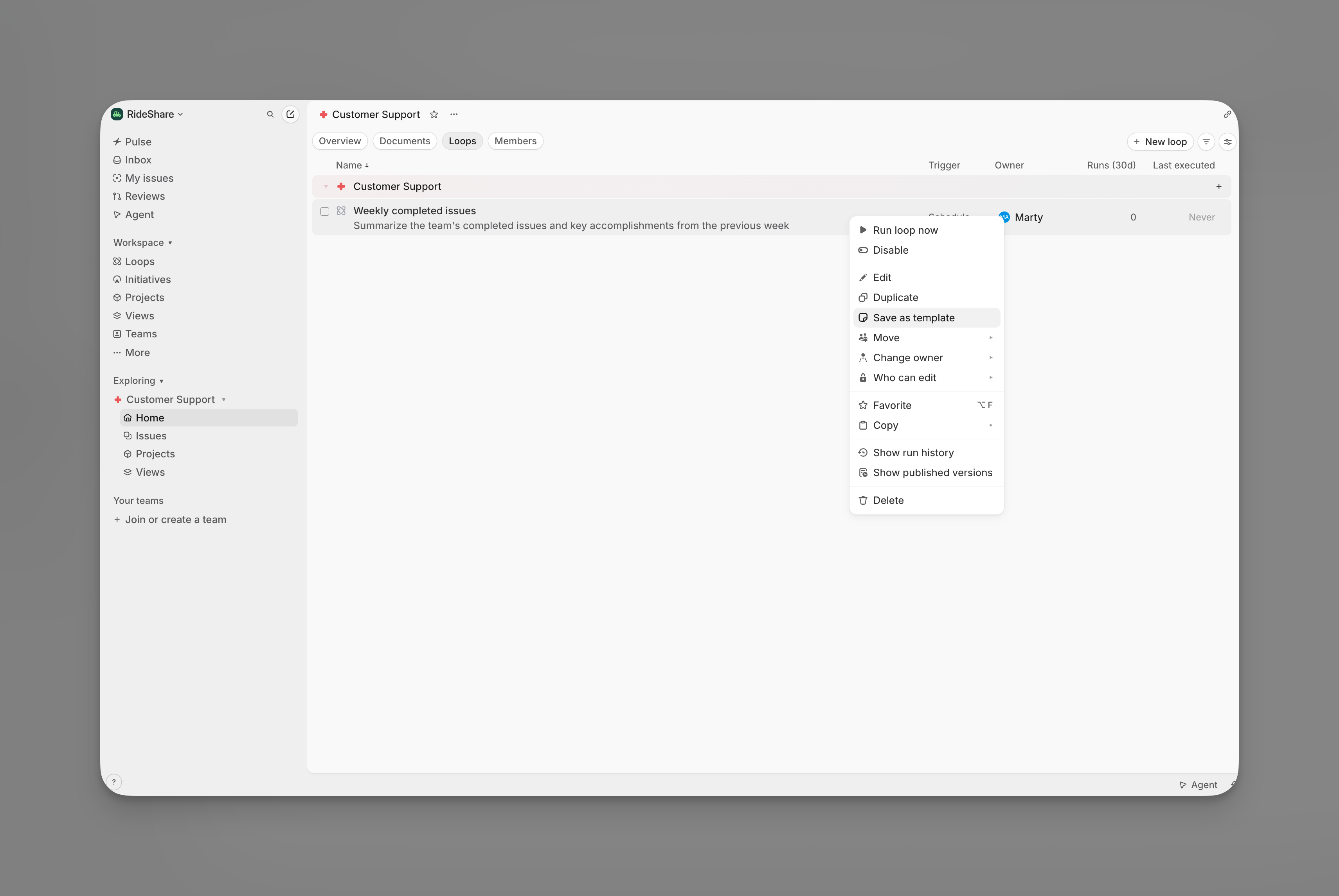 Loop actions menu with options including Edit, Duplicate, Save as template, and Move
