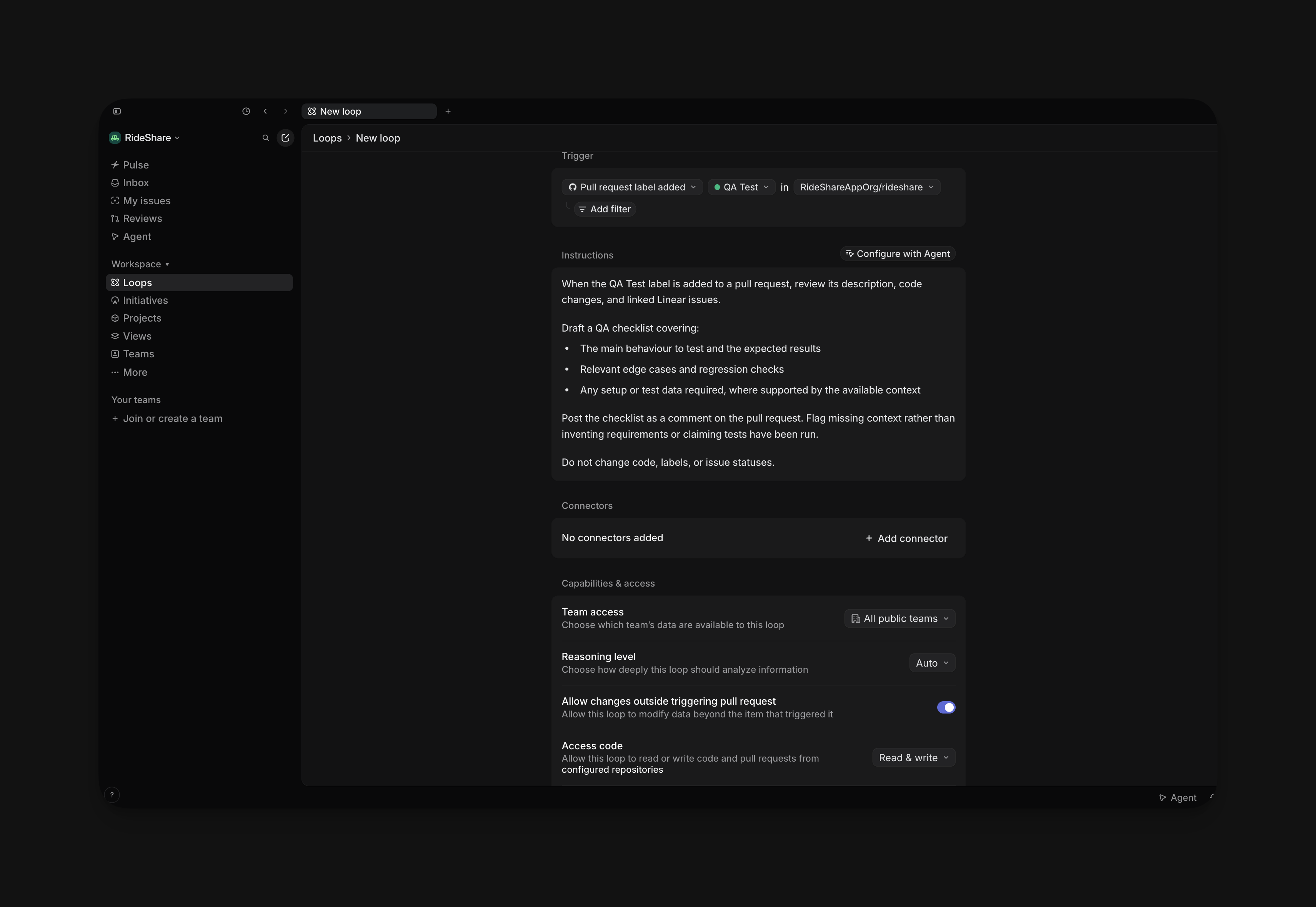 Loop configured to draft a QA checklist when the QA Test GitHub label is added to a pull request