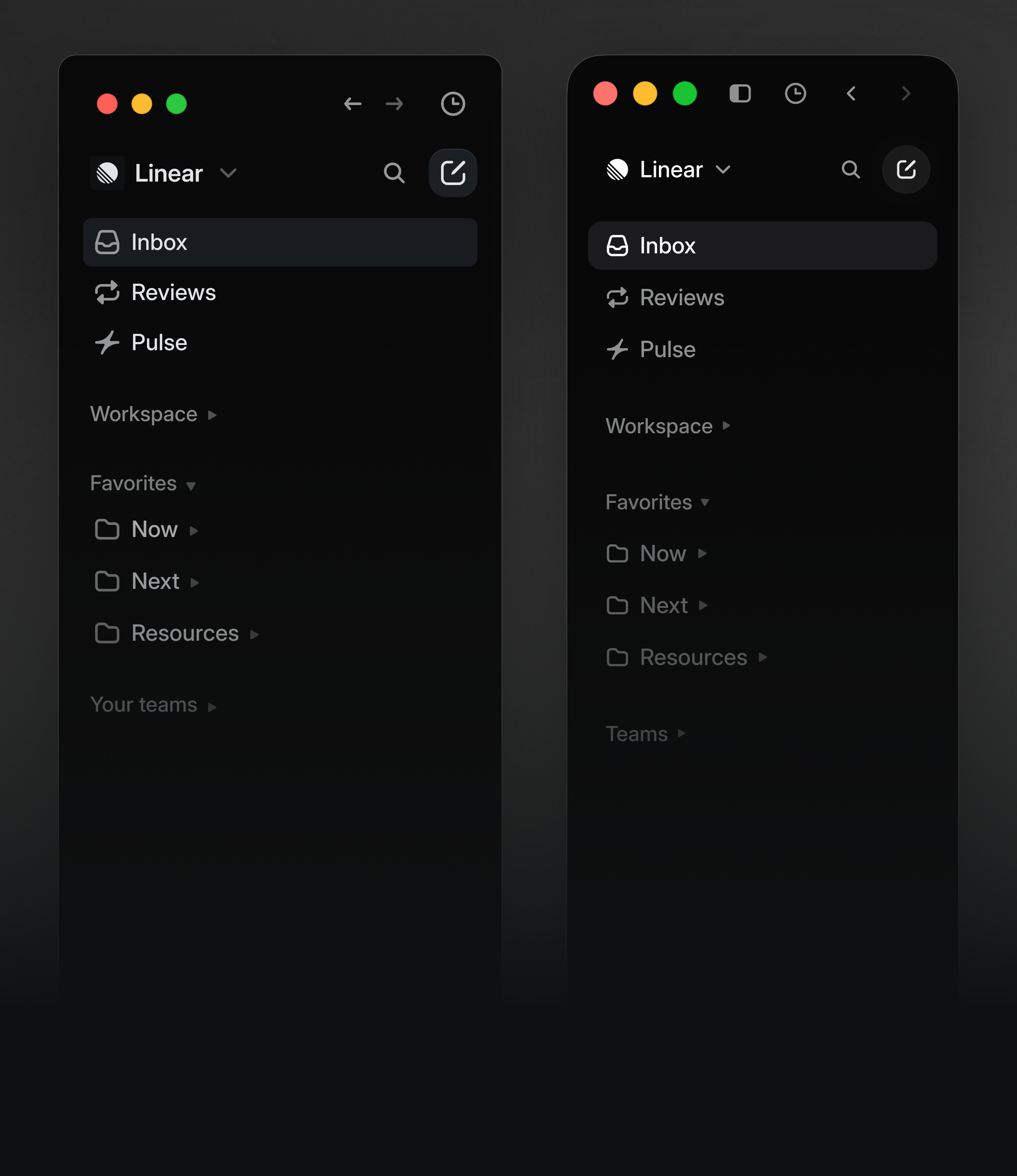 Side-by-side comparison of a dark app sidebar before and after a visual refresh, with notes calling out smaller icons, muted inactive text, and more vertical padding