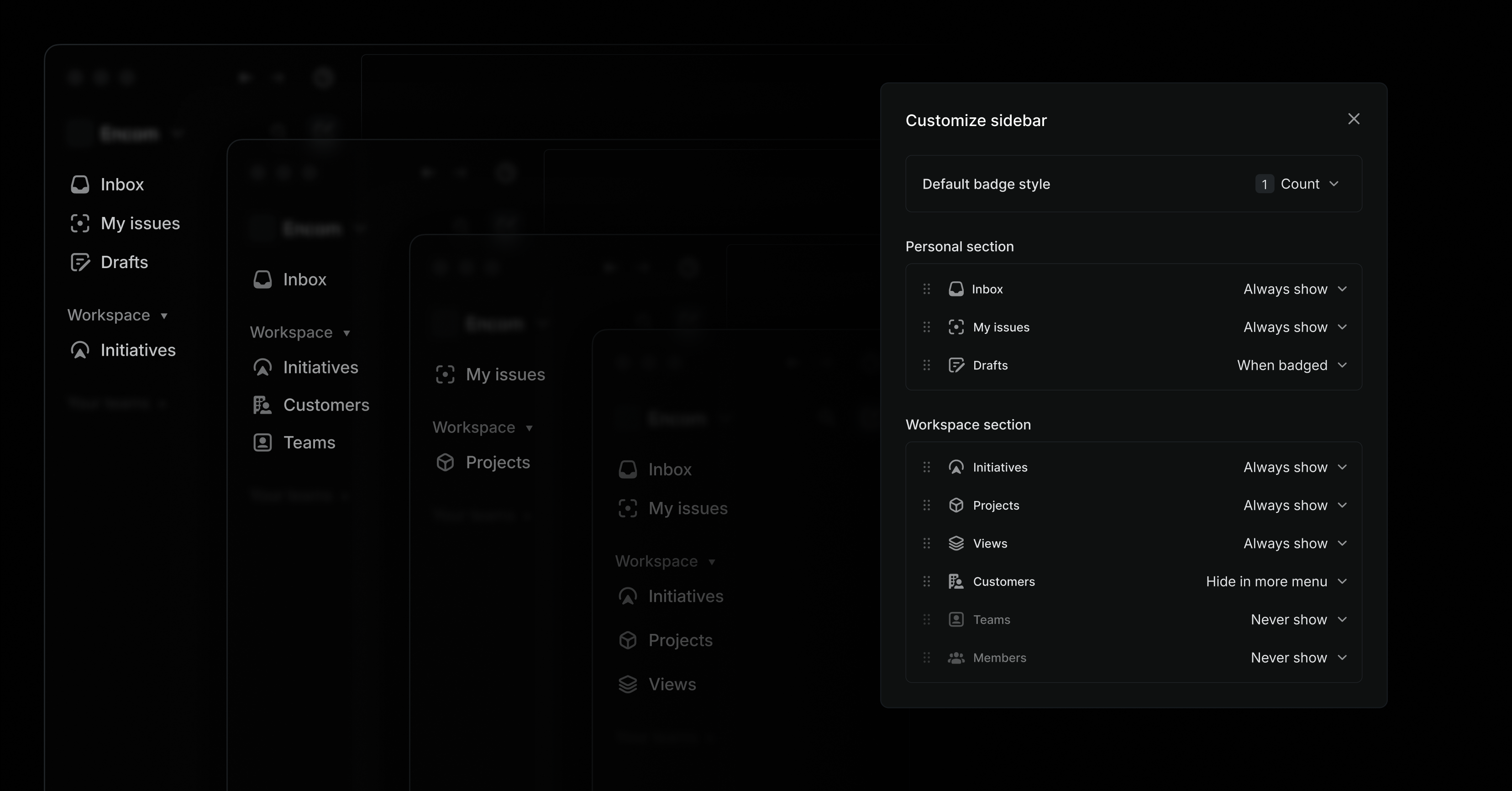 An image showing different versions of the customizable sidebar in the Linear app