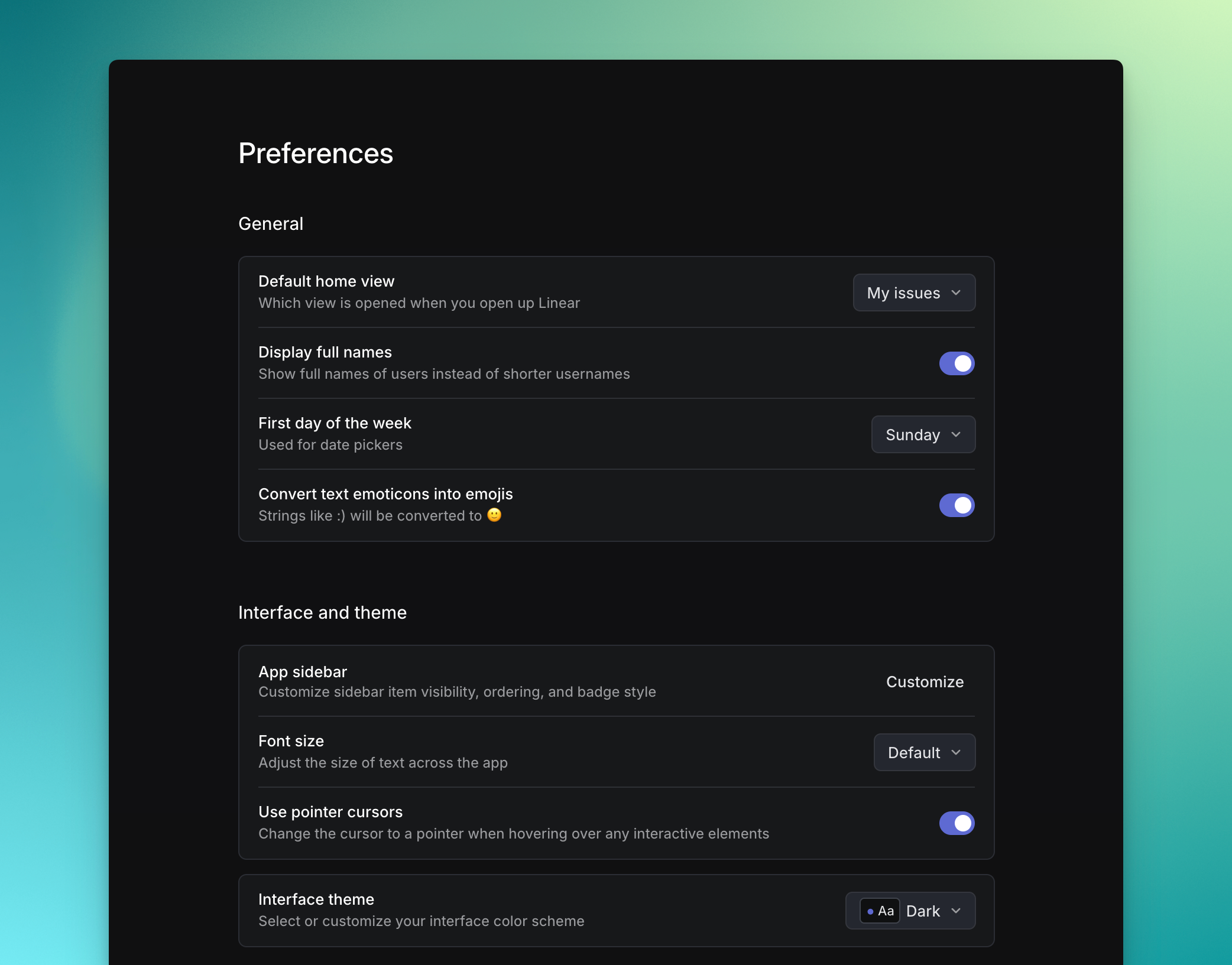 Screenshot of settings and preferences in Linear