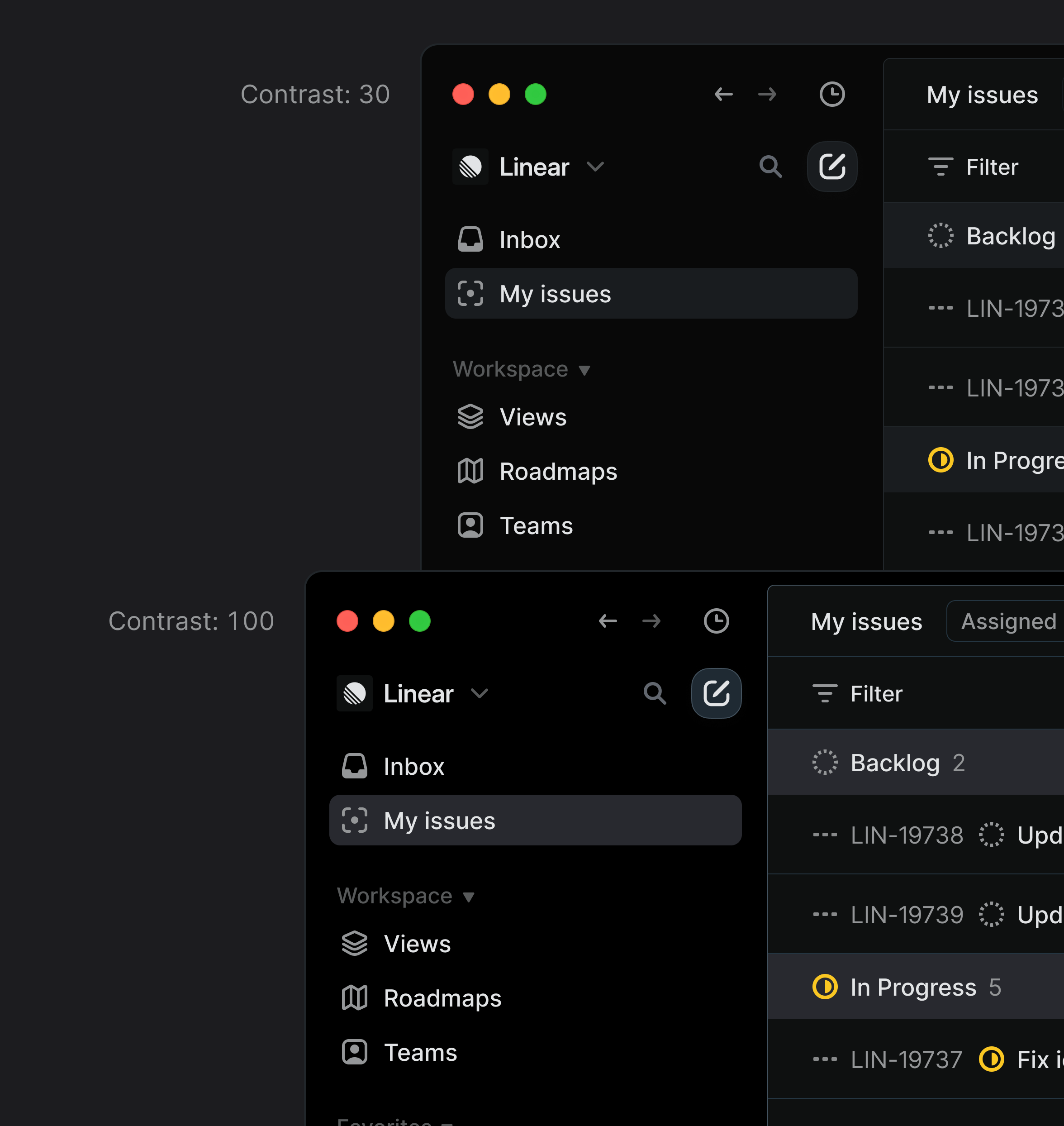 Comparison between contrast set to 30 and 100 in Linear