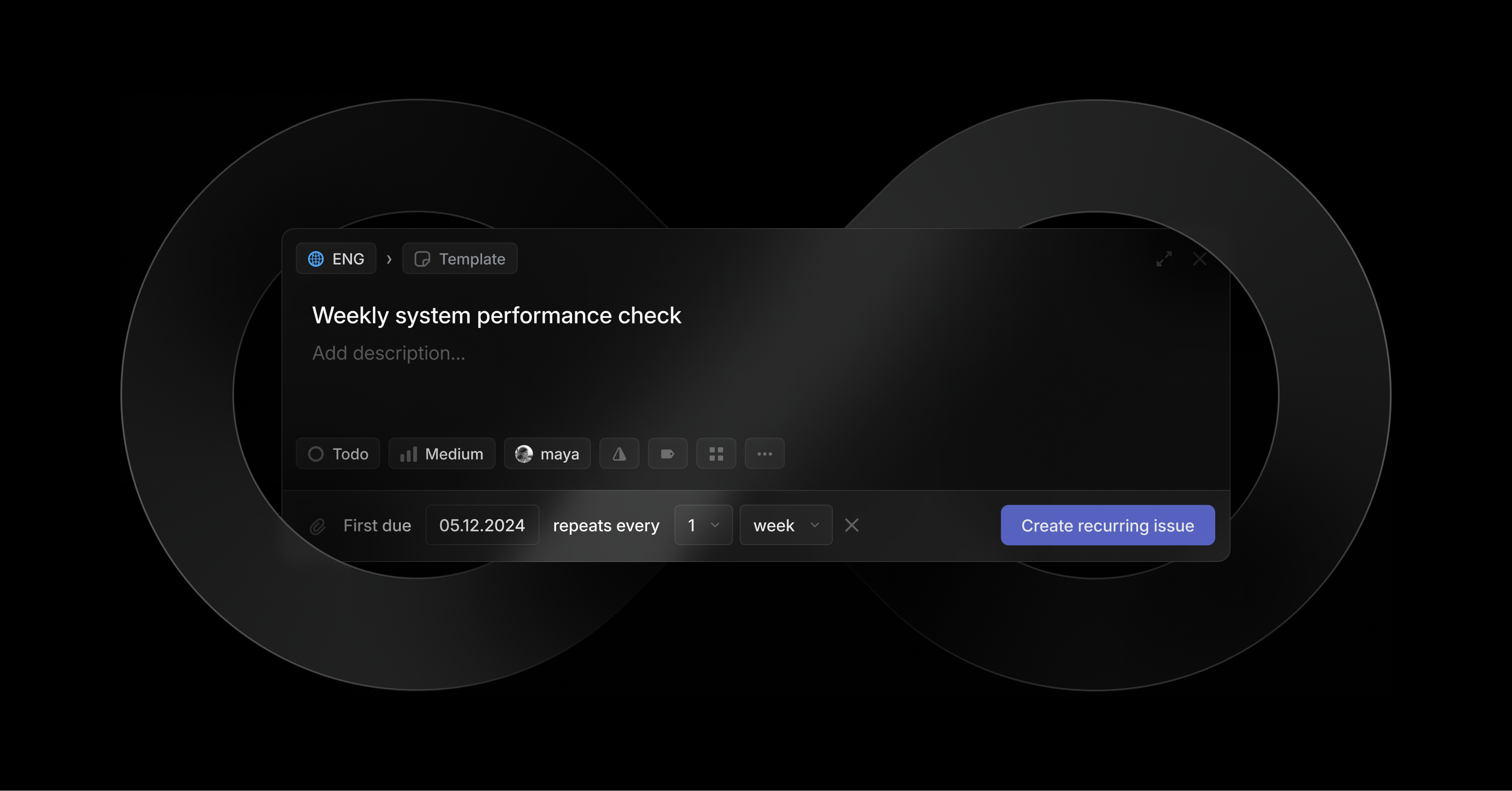 The image shows a task interface for a "Weekly system performance check" with options to add details and make it a recurring issue that repeats every week