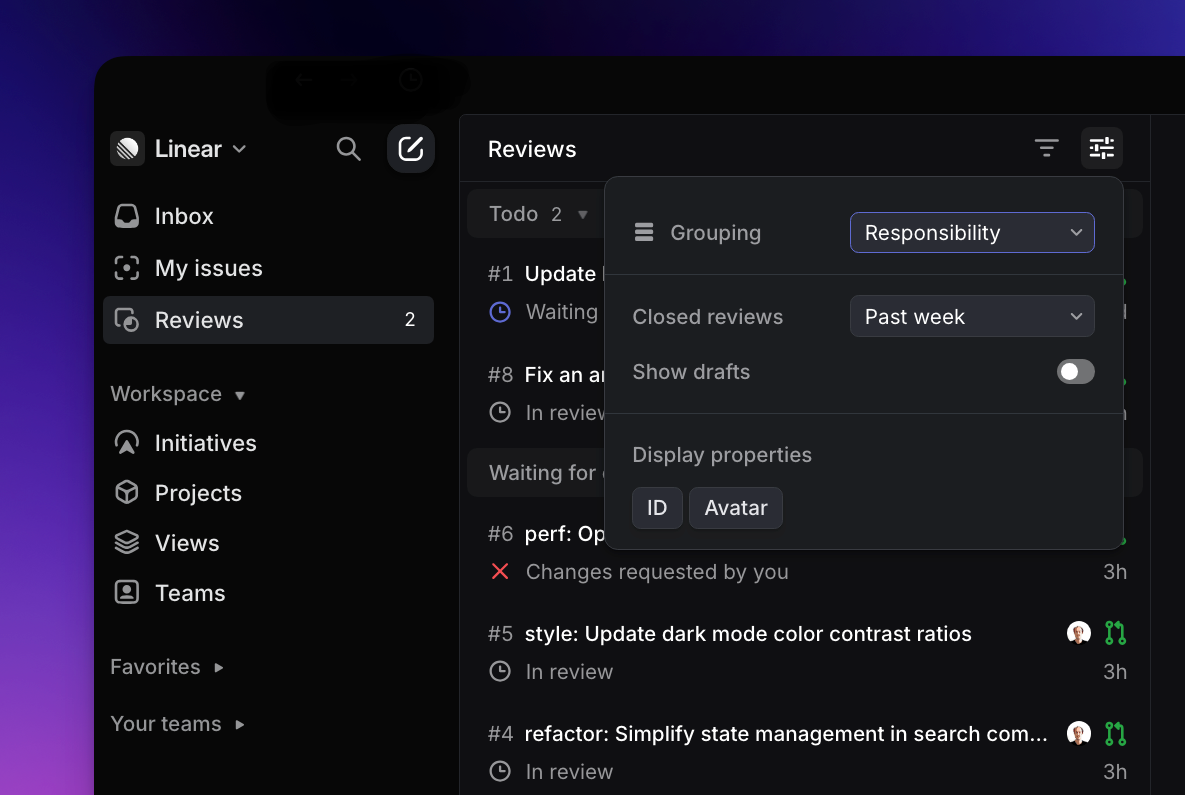 Display Settings to Group, Order and adjust properties shown on reviews