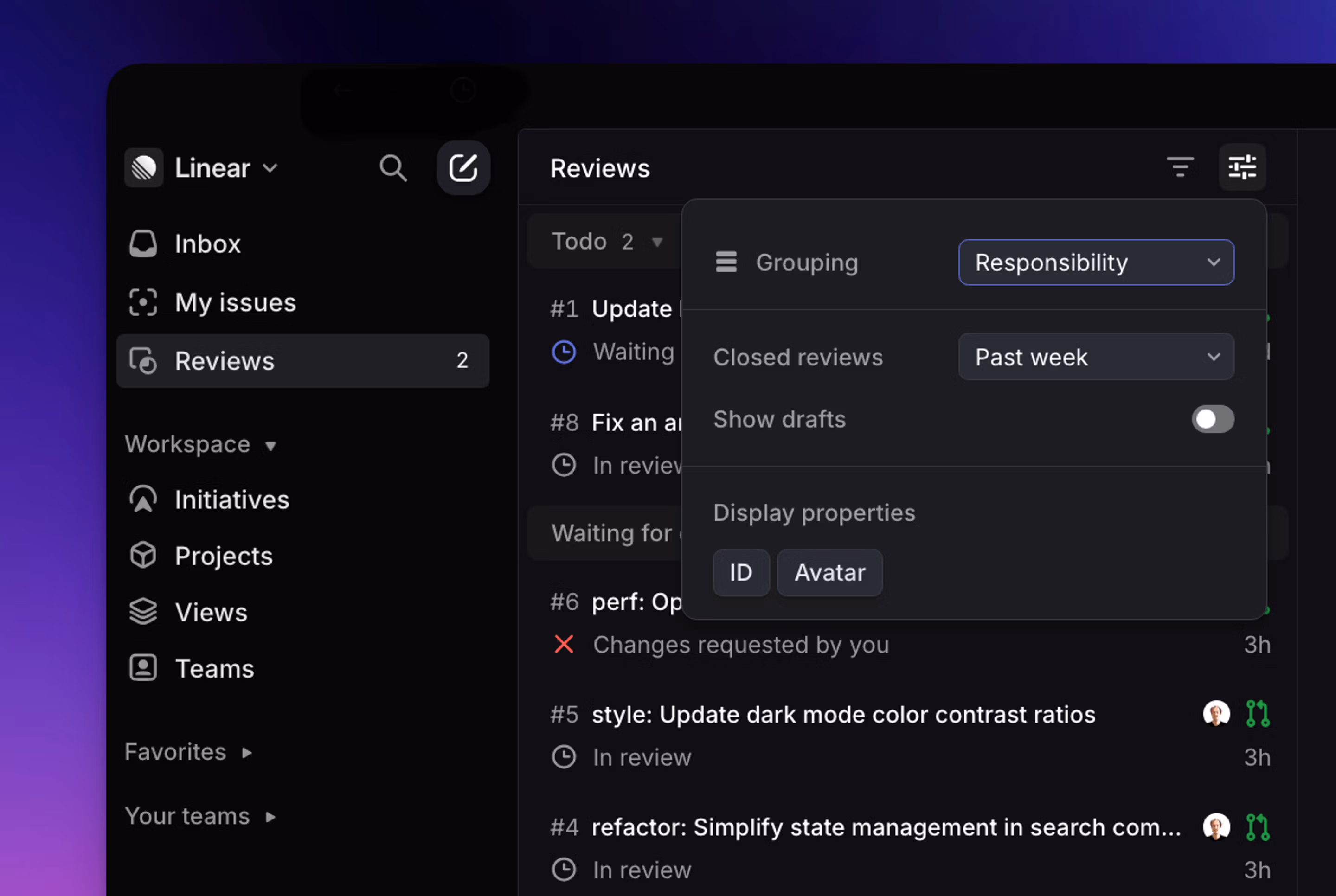 Display Settings to Group, Order and adjust properties shown on reviews