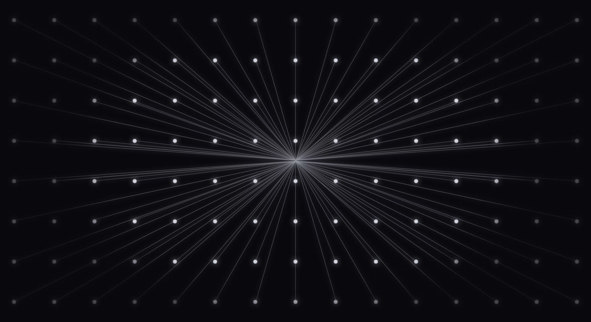 Symmetrical white lines and dots radiating from a bright central point on a black background.