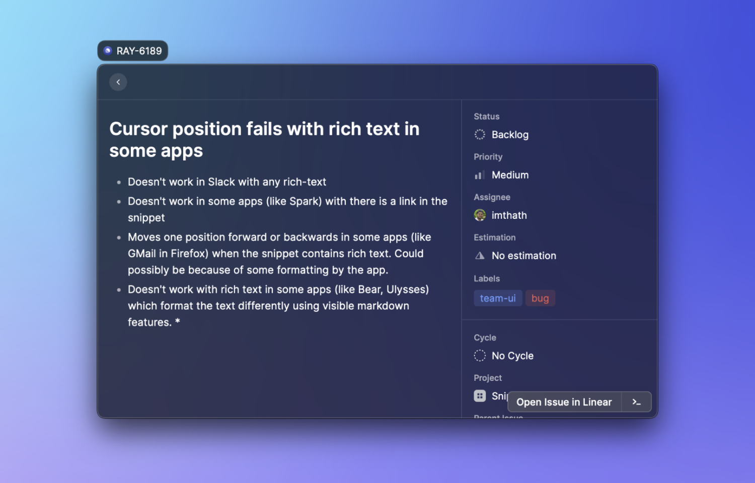 Details for a Linear issue called "cursor position fails with rich text in some apps" inside of Raycast.