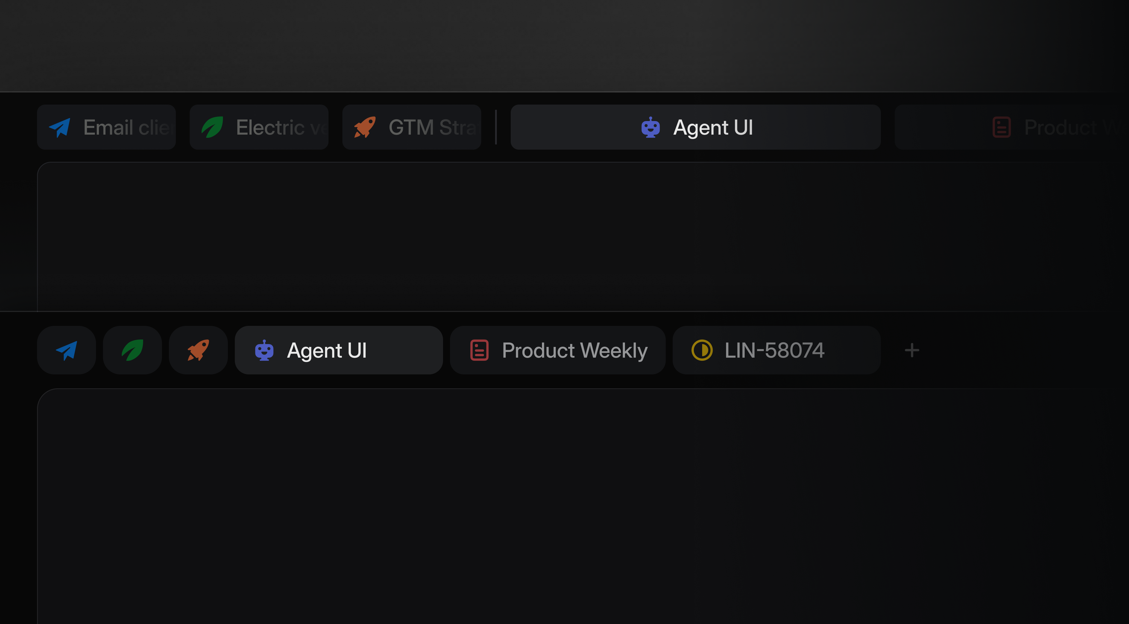Comparison of two dark interface tab bars. The updated version uses a more compact layout overall, with smaller icon-only pills for the first items.