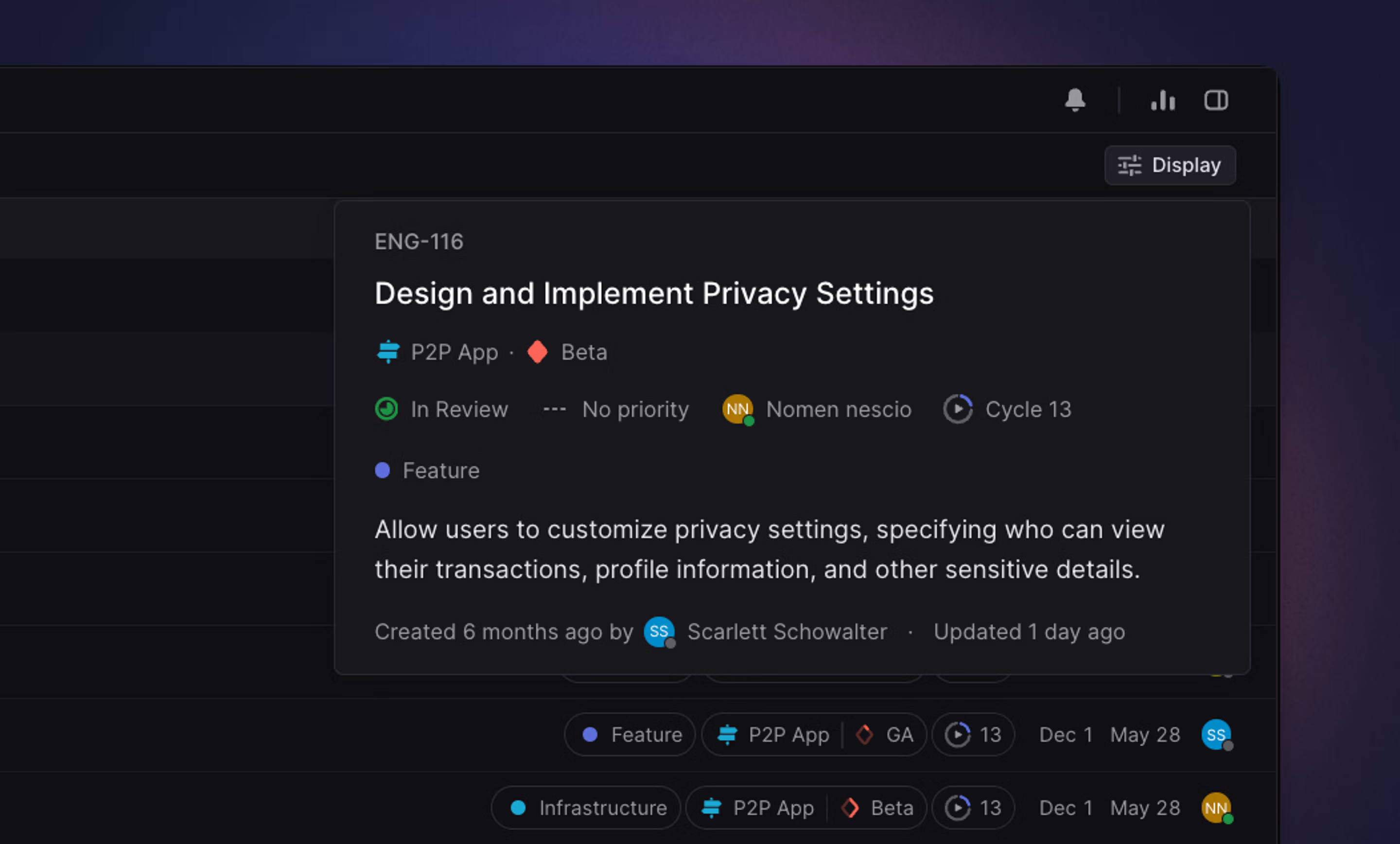 Linear app showing how to peek issues