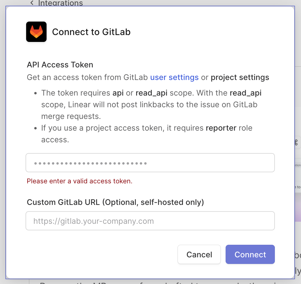 Pop-up for setting up the GitLab integration