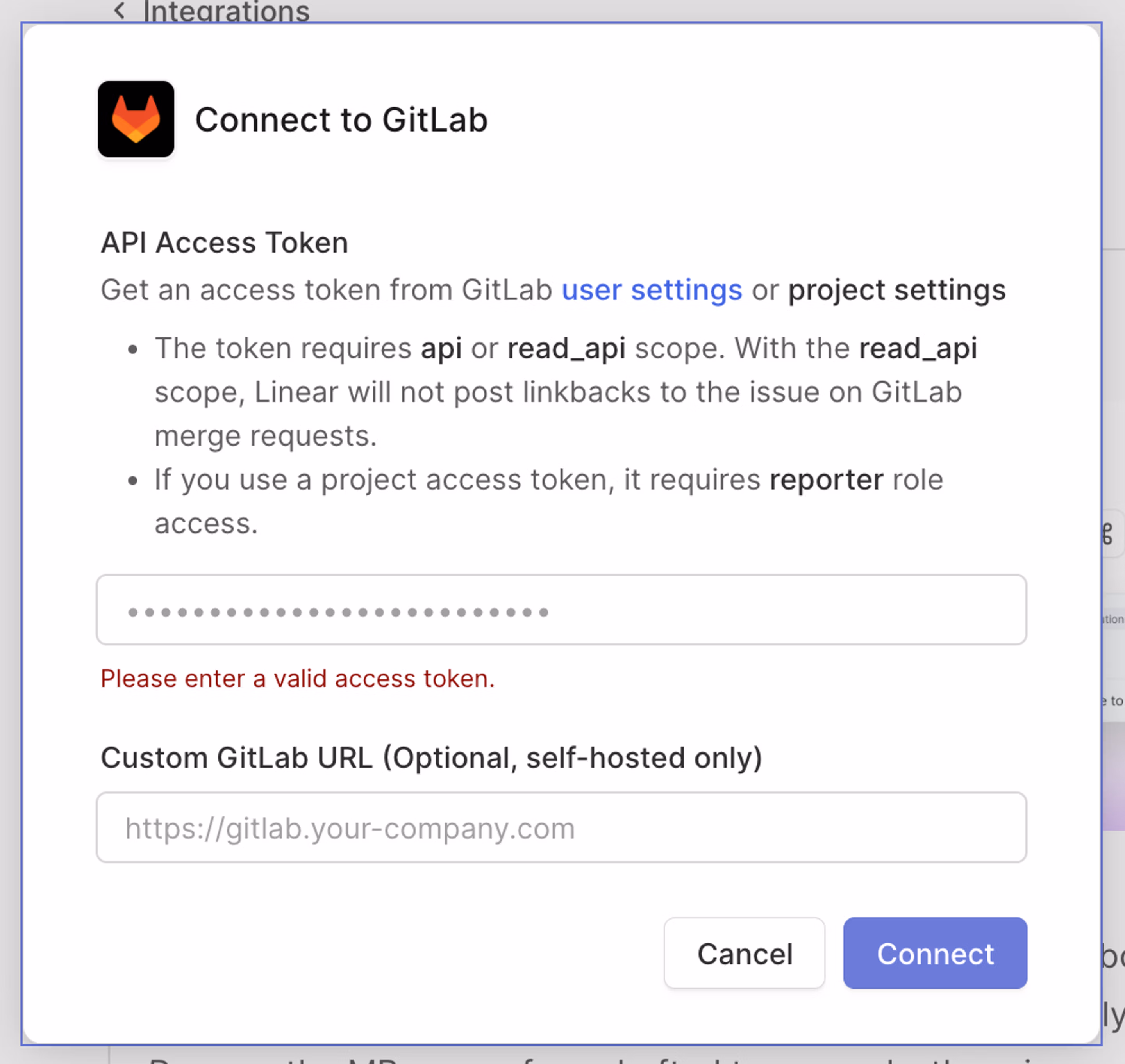 Pop-up for setting up the GitLab integration