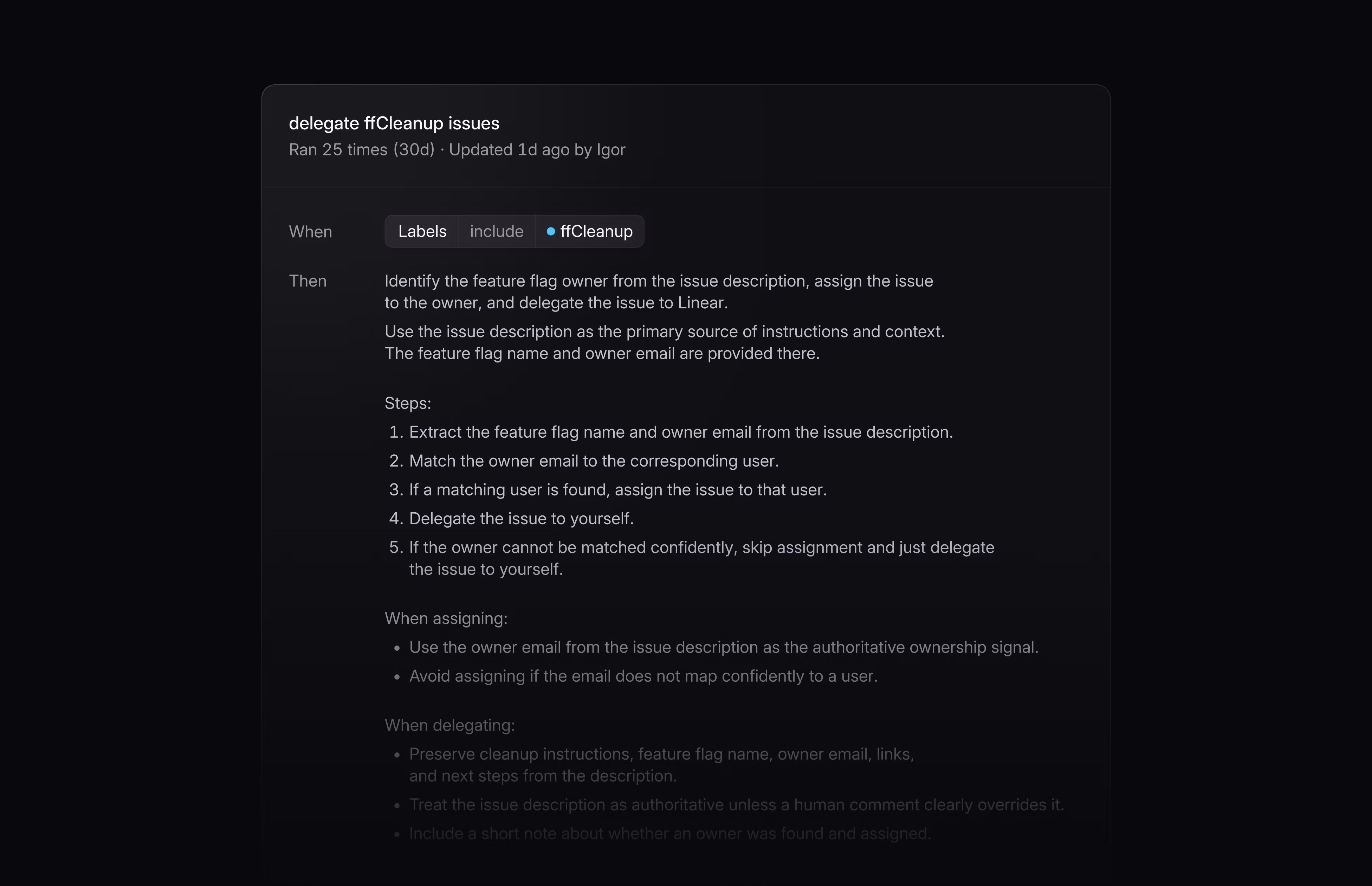 Linear UI showing a feature flag cleanup skill.