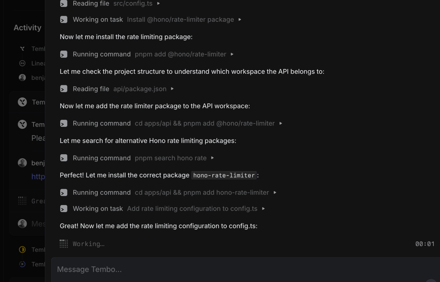 automations running in the Tembo agent session menu