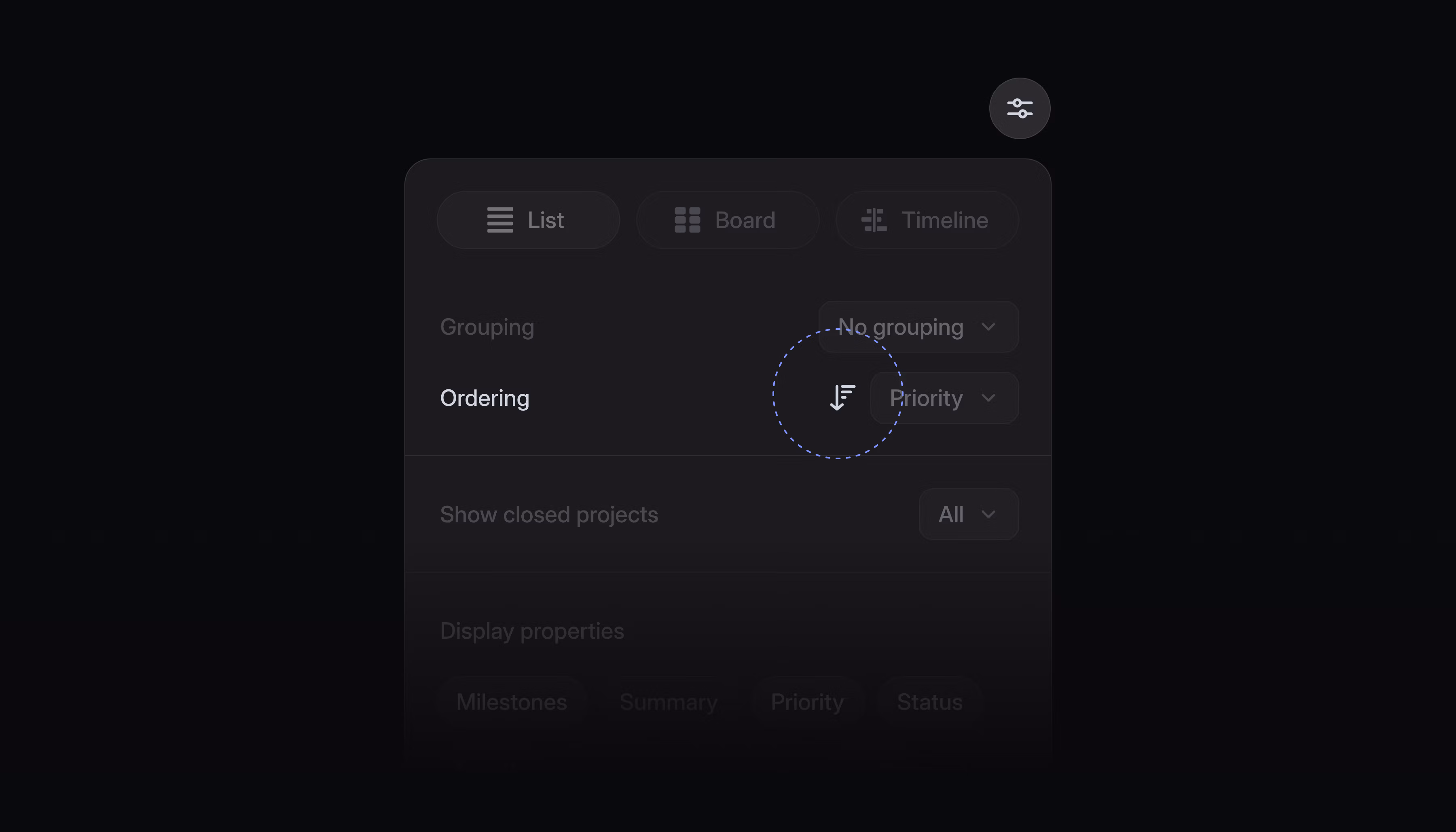 New icon left of ordering in Display Options on a view that lets you control how swimlanes are ordered.