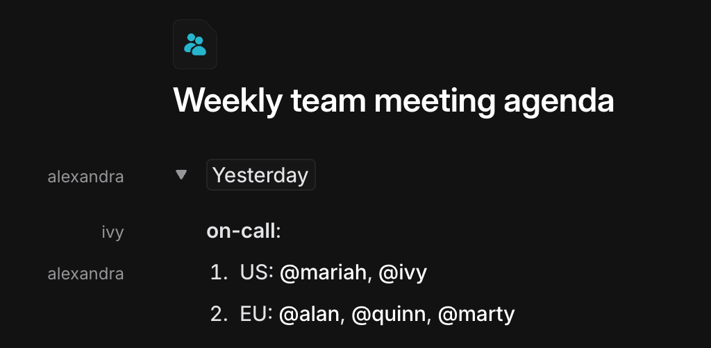 author names shown on a weekly meeting agenda