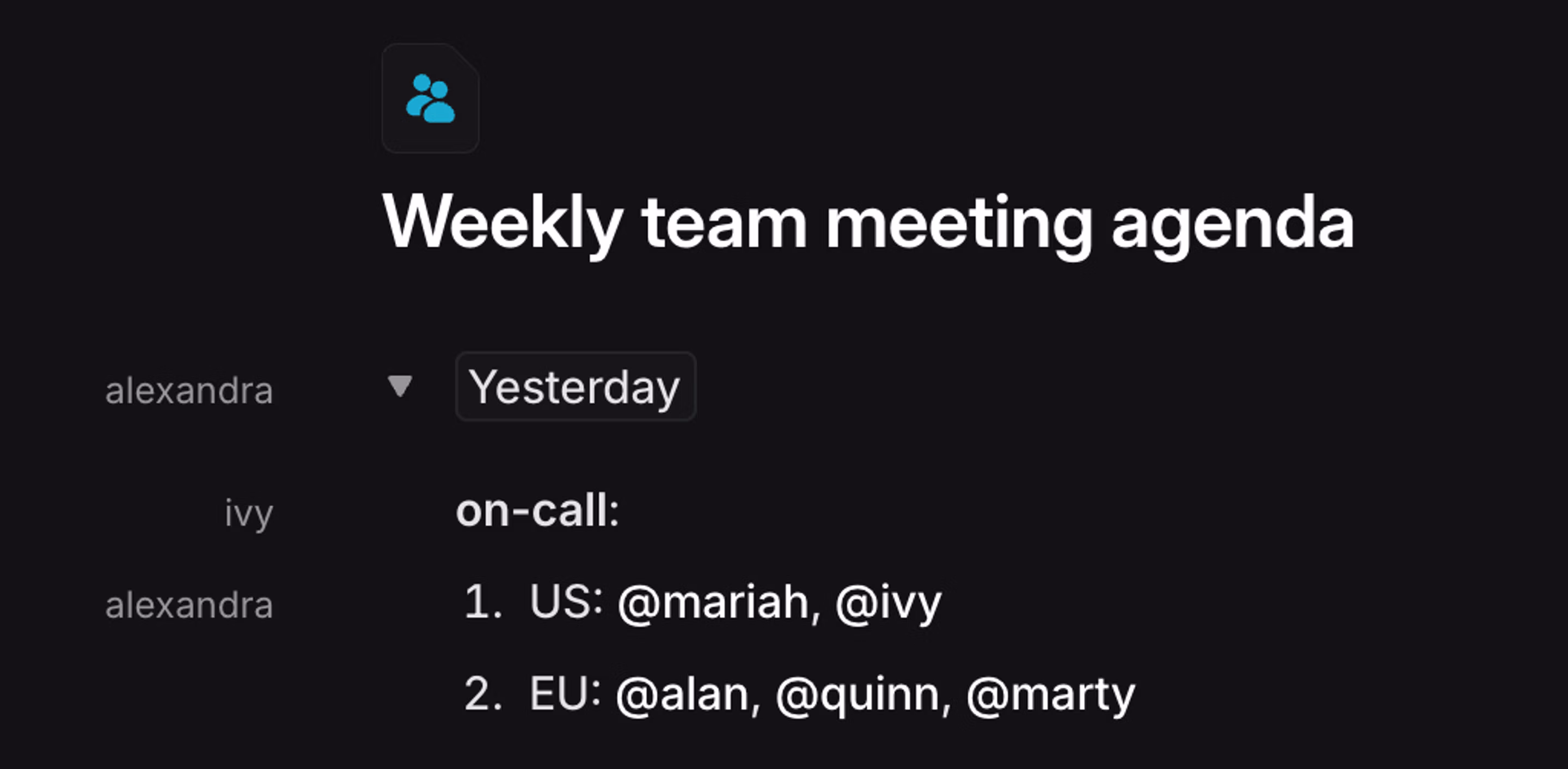 author names shown on a weekly meeting agenda