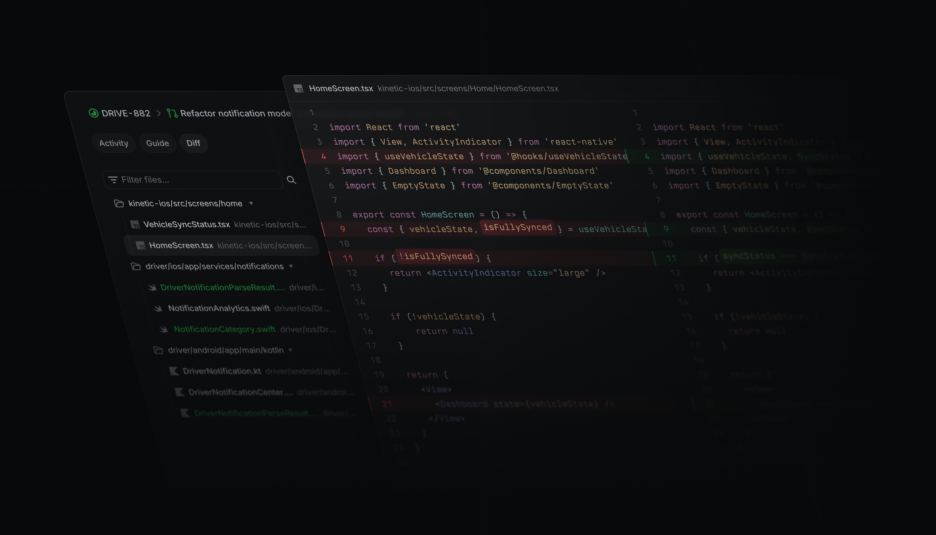main diffs ui showing code changes and a file list