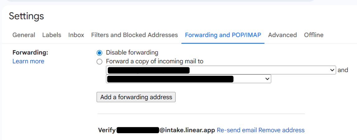 Email forwarding from inbox settings
