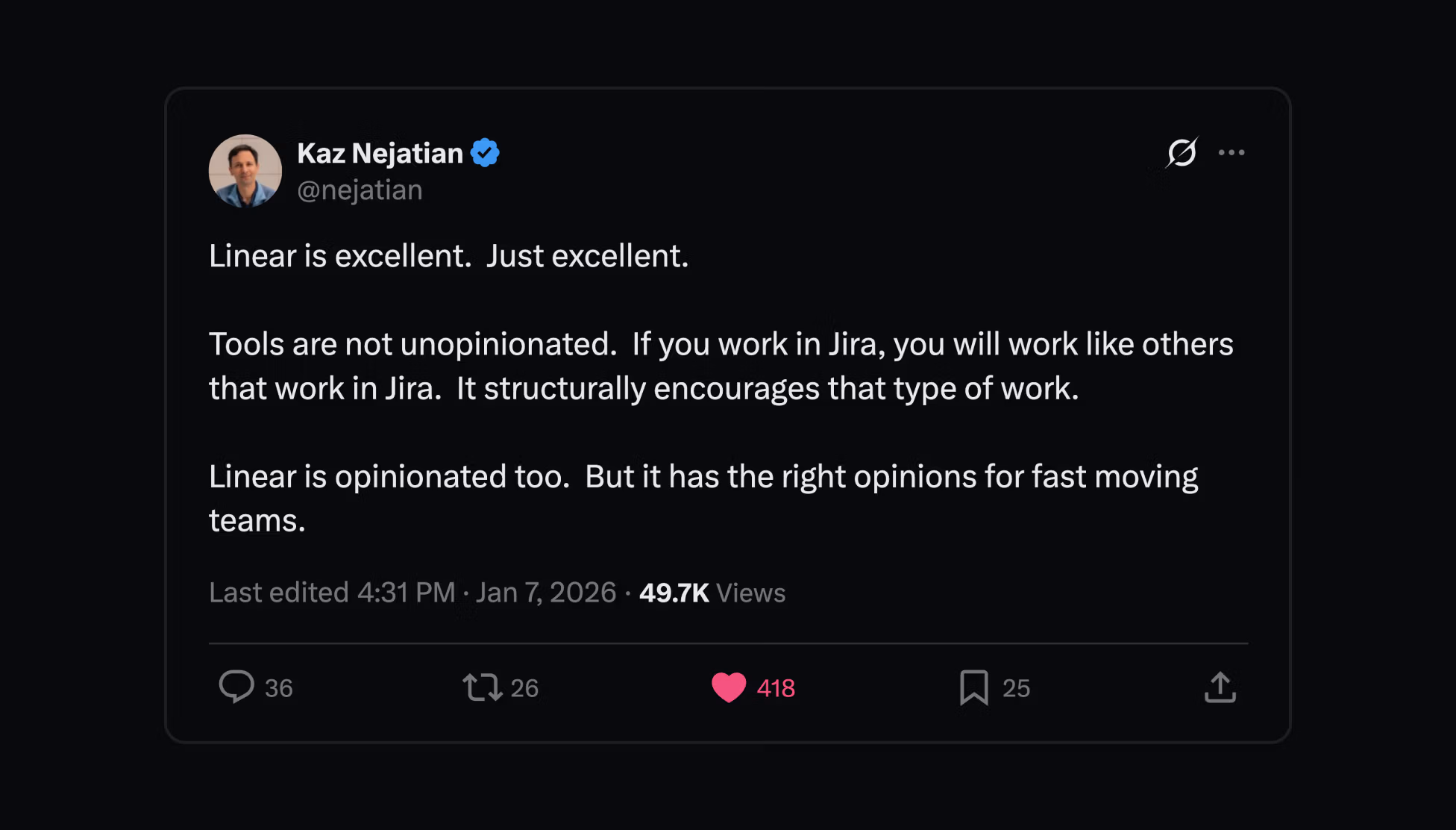 A tweet from Kaz talking about Linear.