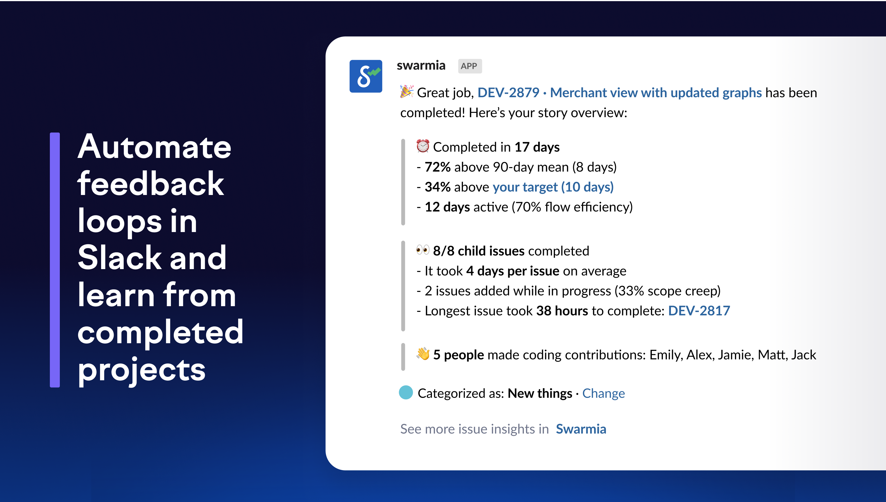 Slack ui showing Swarmia notifications