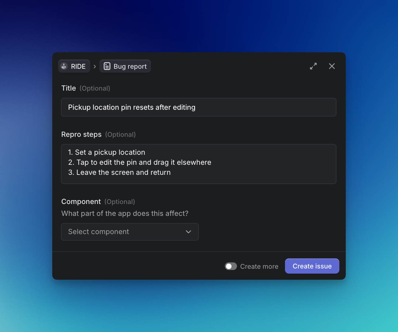 Form template exposed in the issue composer with fields title, repro steps, component